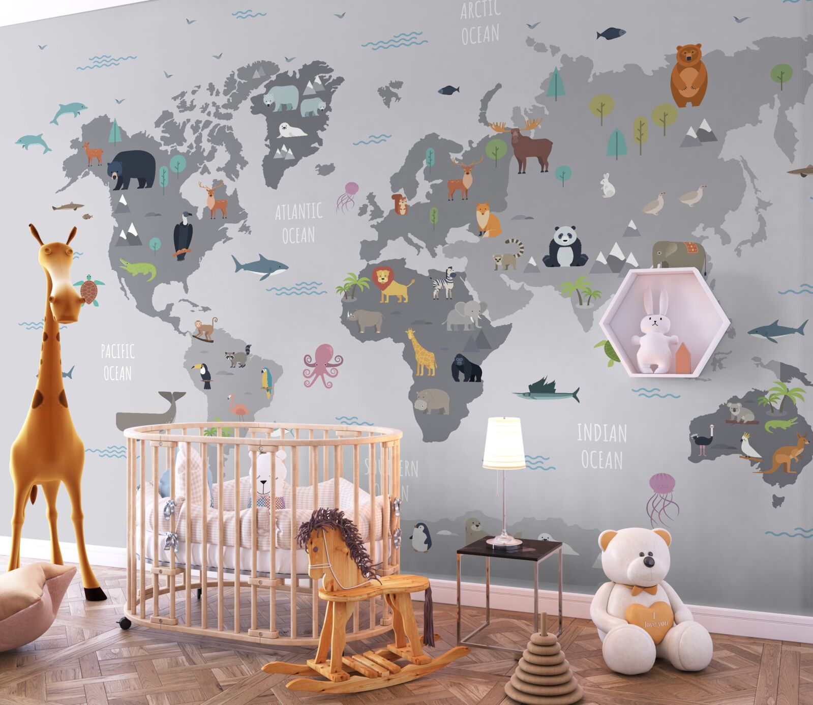 Fototapeta sivá mapa sveta s obrázkami zvierat