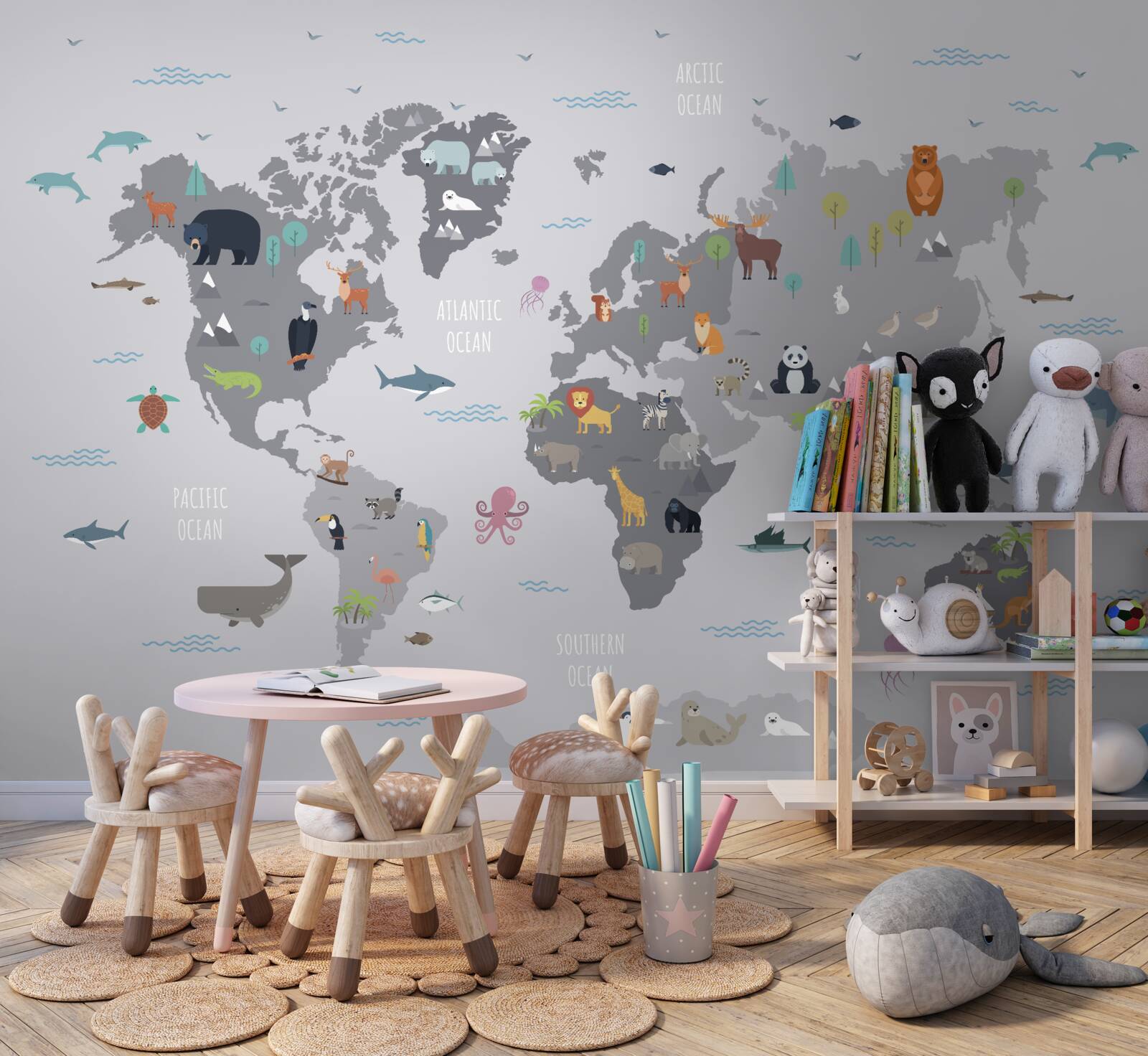 Fototapeta sivá mapa sveta s obrázkami zvierat