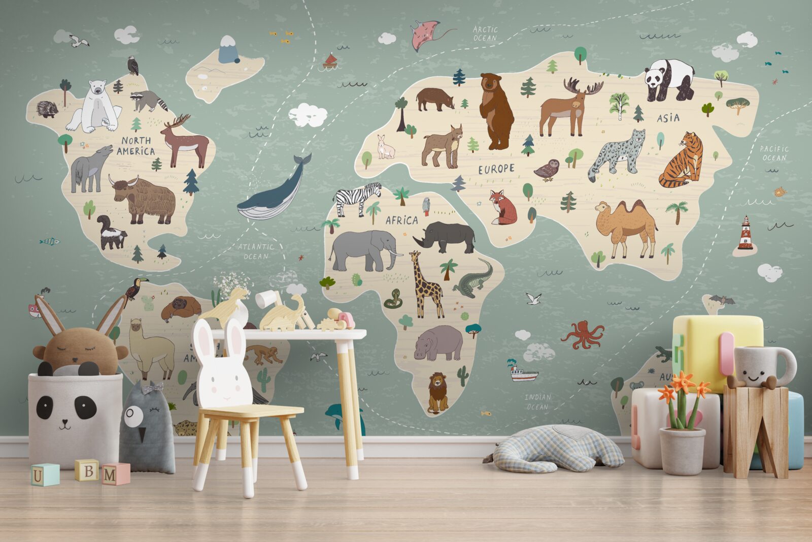 Fototapeta Mapa sveta zobrazuje množstvo rôznych zvierat