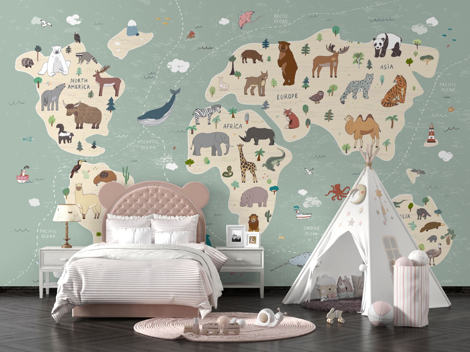 Fototapeta Mapa sveta zobrazuje množstvo rôznych zvierat