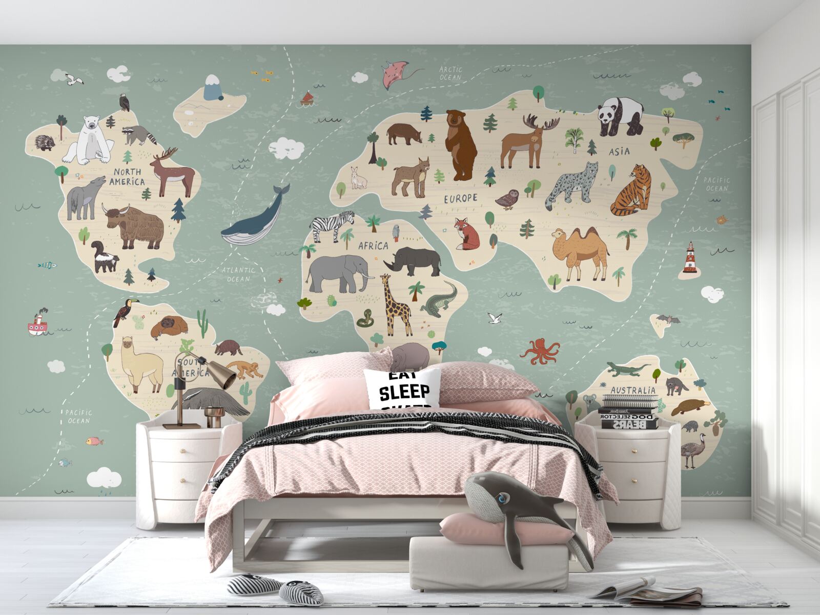 Fototapeta Mapa sveta zobrazuje množstvo rôznych zvierat