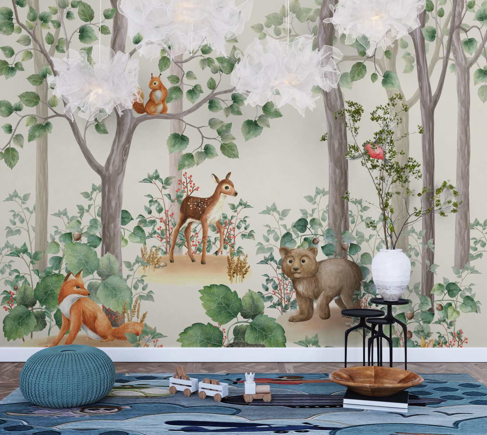 Fototapeta zvieratká a vtáky v lese ako z rozprávky