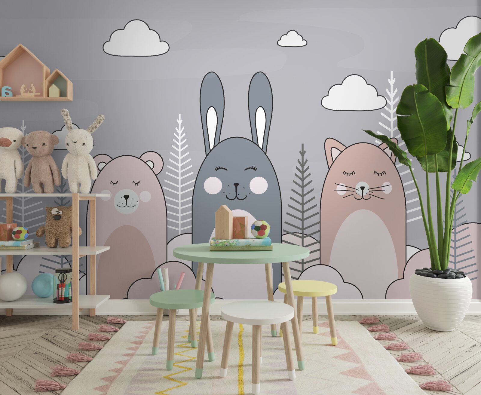 Fototapeta mačiatko, medvedík a zajac obklopený postrojmi