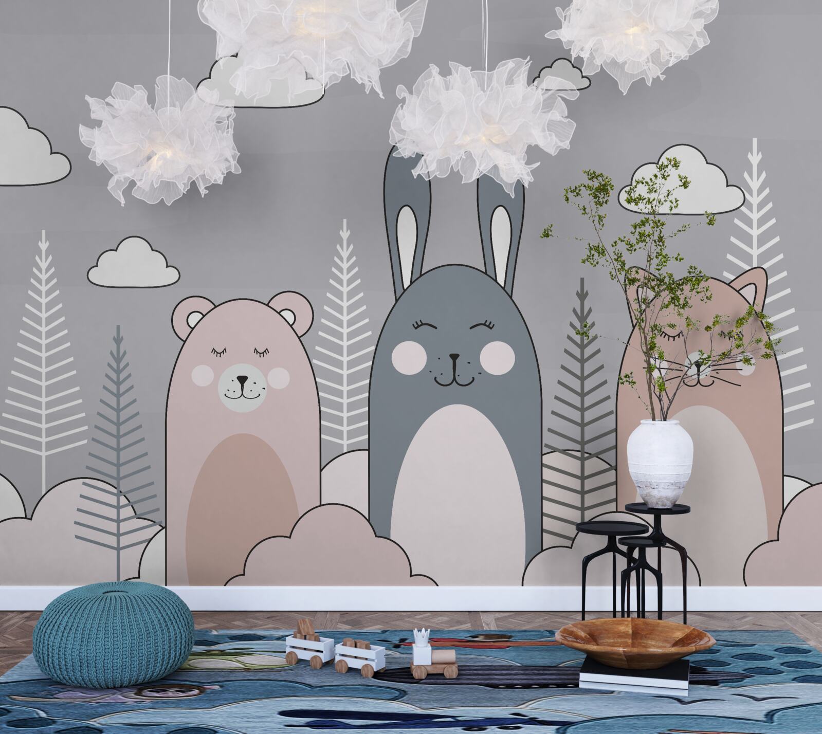 Fototapeta mačiatko, medvedík a zajac obklopený postrojmi