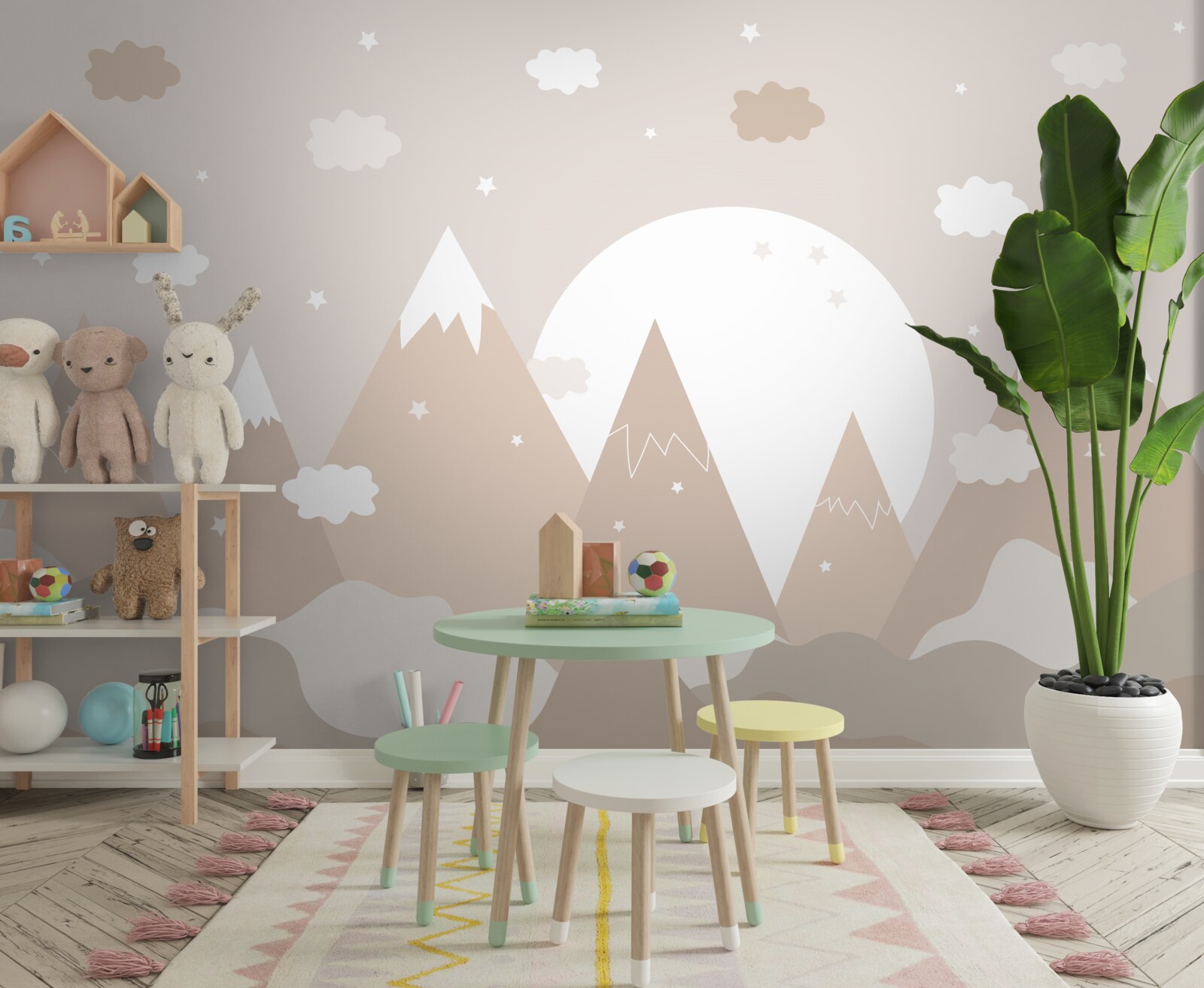 Fototapeta vrcholy zobrazené na plátne a svietiaci mesiac v splne