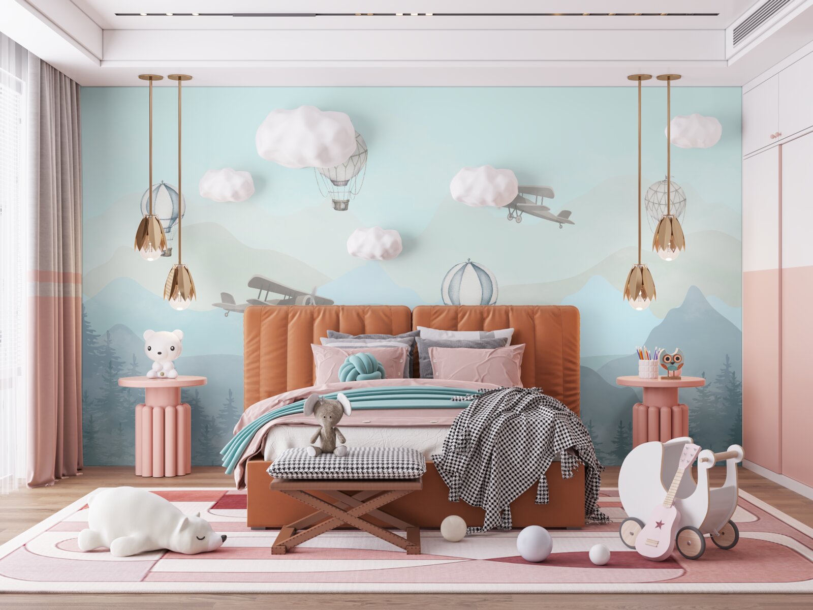 Fototapeta horské štíty, balóny a lietadlá na oblohe