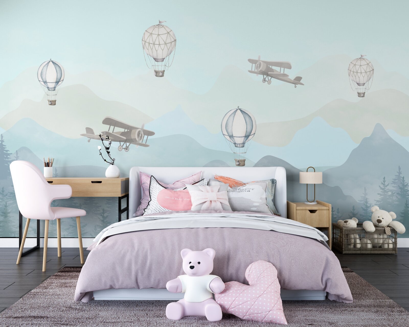 Fototapeta horské štíty, balóny a lietadlá na oblohe