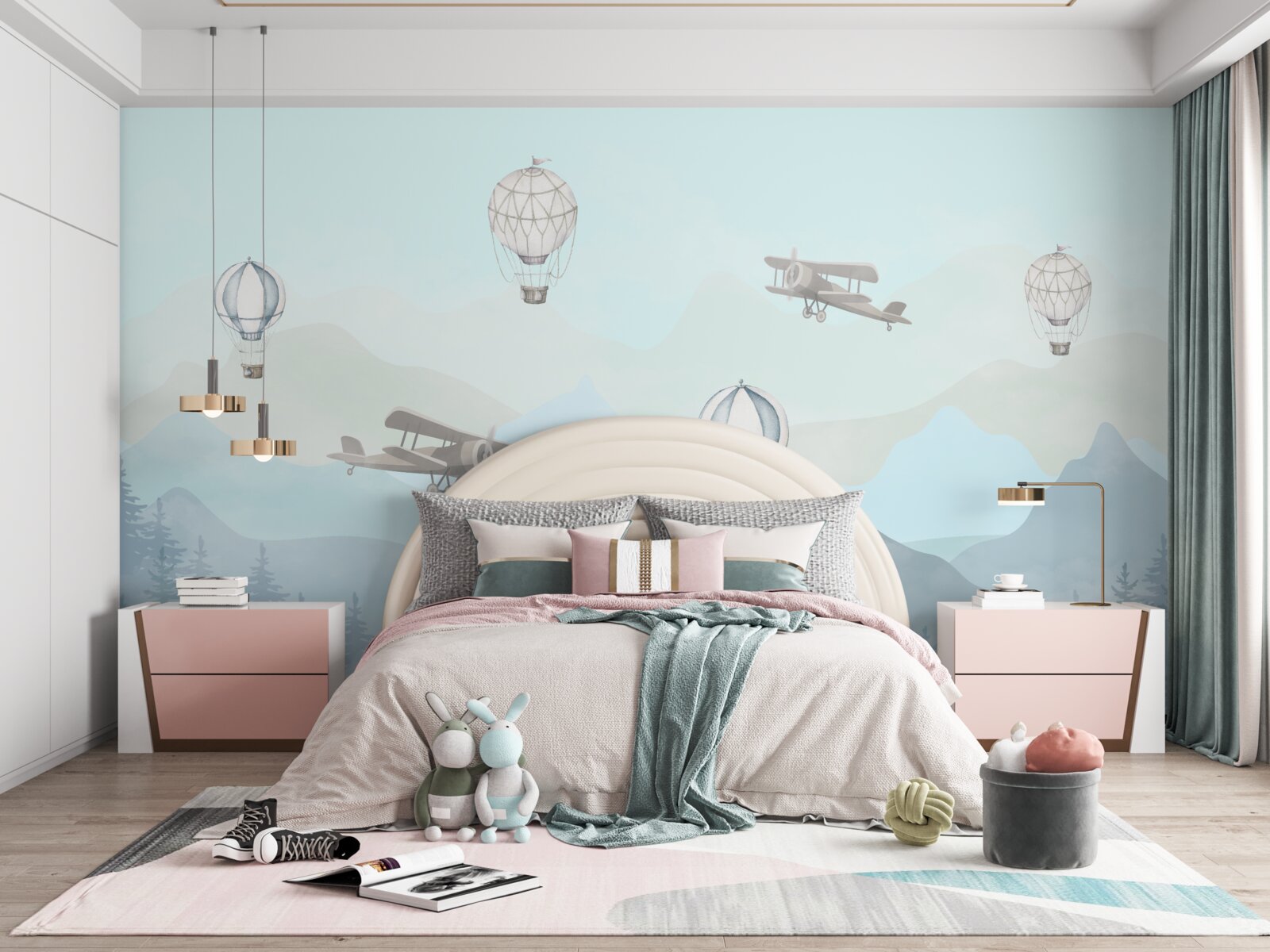 Fototapeta horské štíty, balóny a lietadlá na oblohe