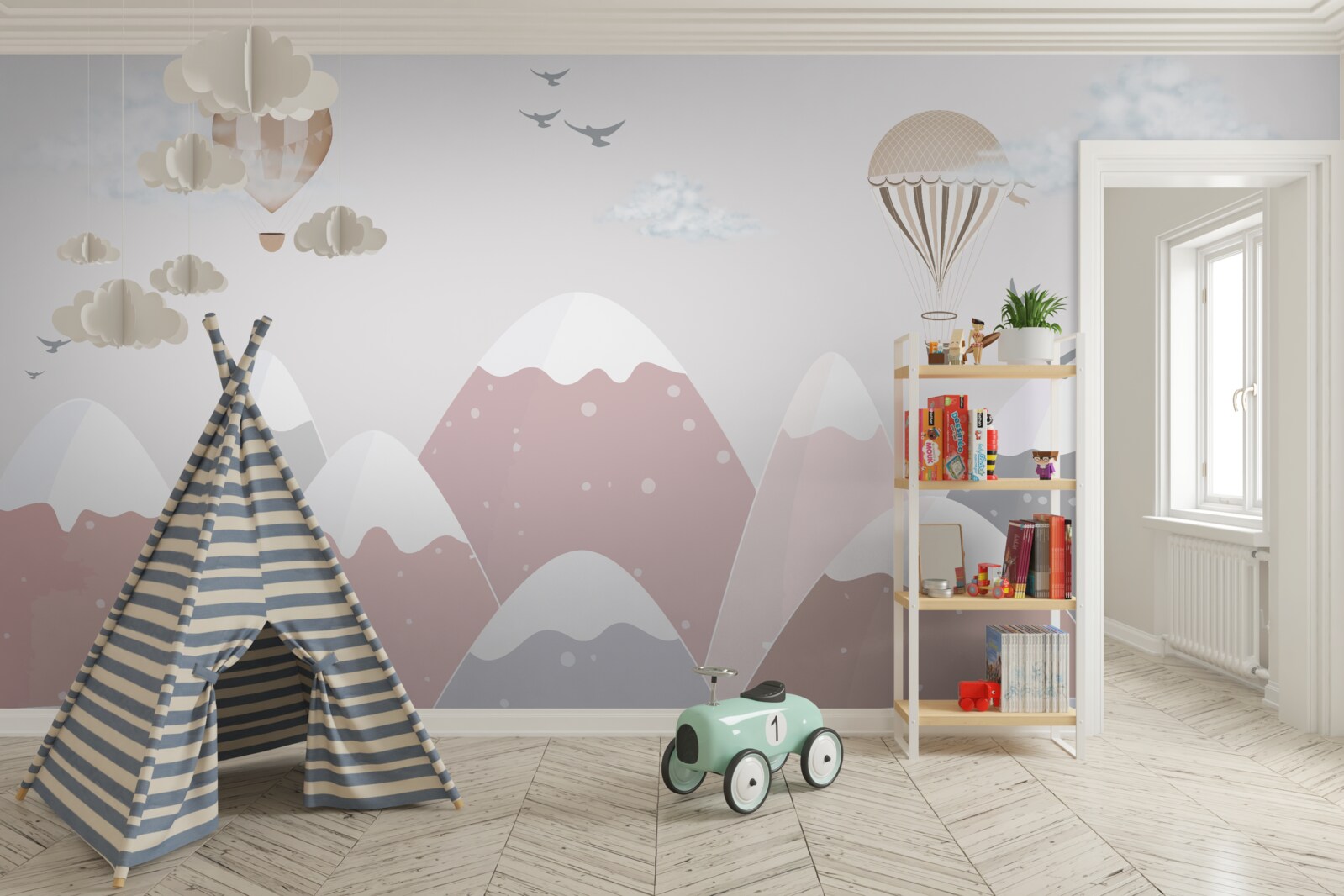 Fototapeta balóny plávajúce na oblohe prekračujú zasnežené horské štíty