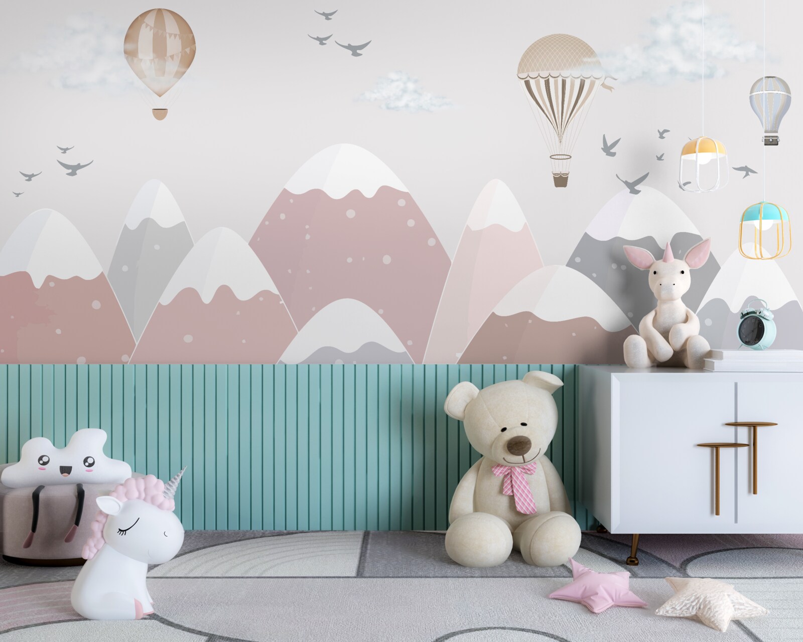 Fototapeta balóny plávajúce na oblohe prekračujú zasnežené horské štíty