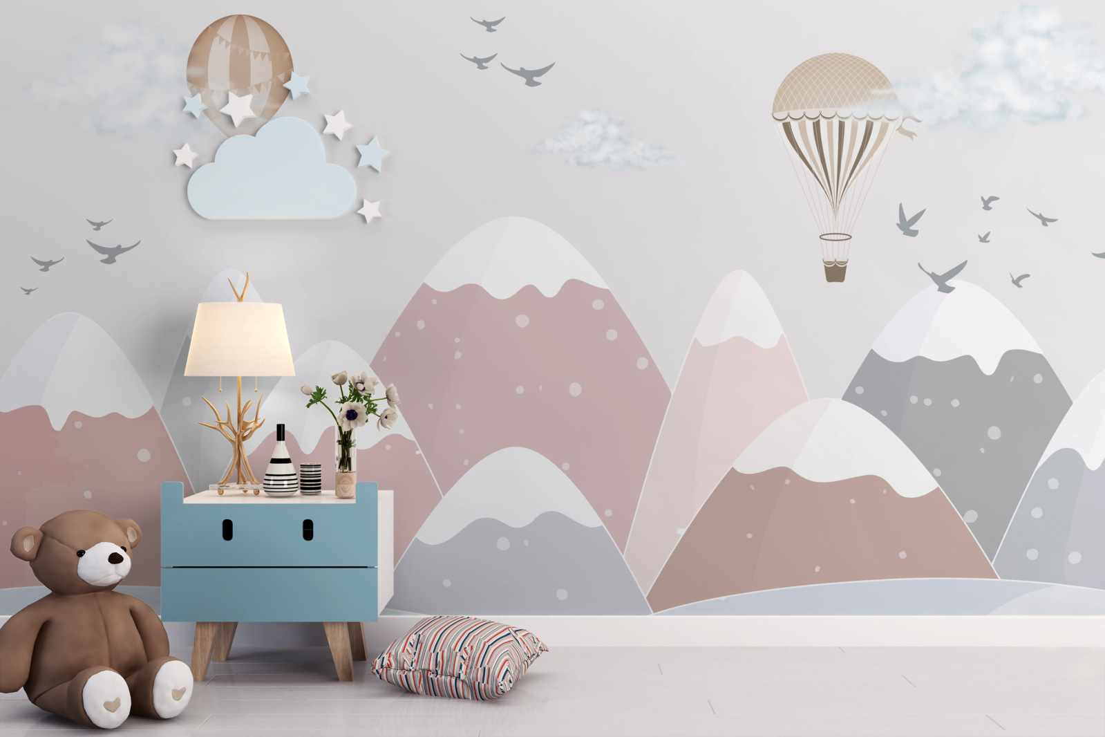 Fototapeta balóny plávajúce na oblohe prekračujú zasnežené horské štíty