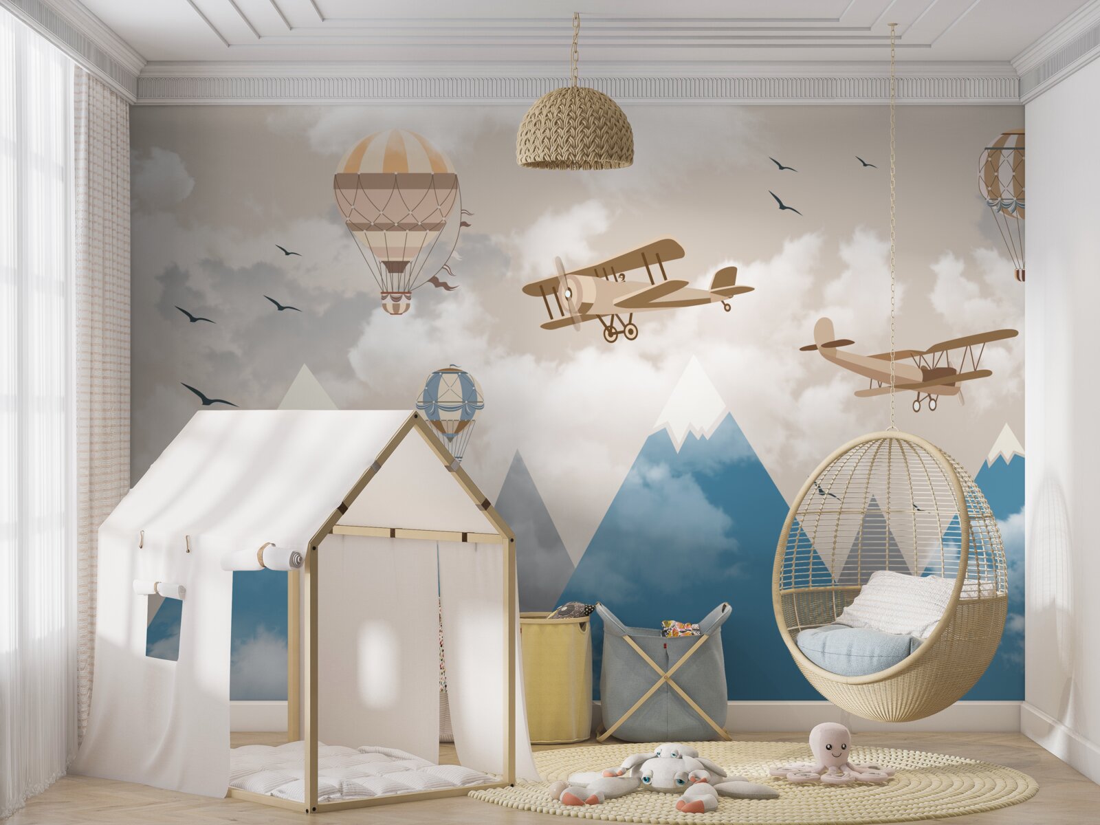 Fototapeta pohyb vtákov a letecká doprava cez horské štíty