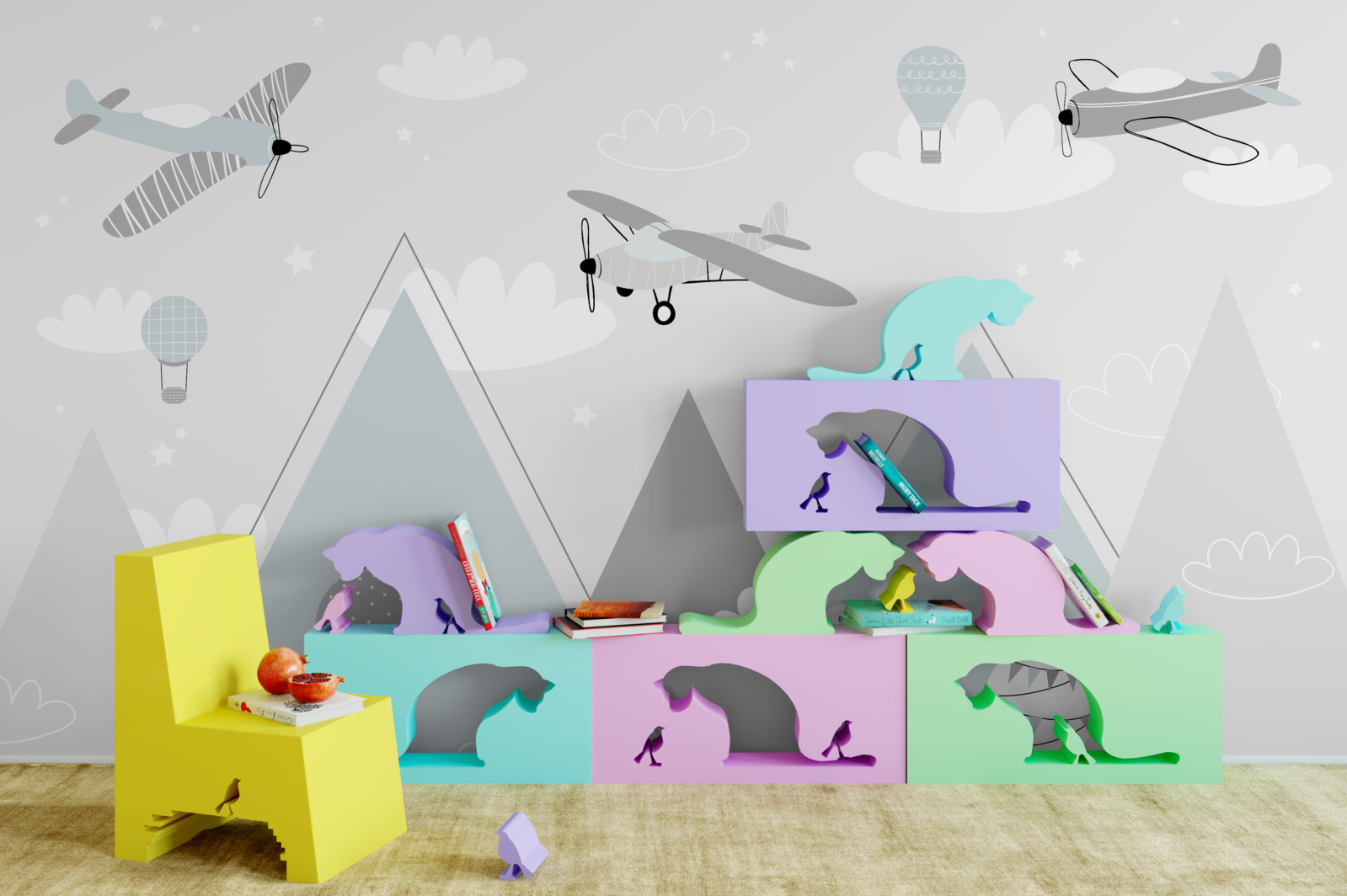 Fototapeta teplovzdušné balóny a lietadlá plávajúce nad horskými štítmi