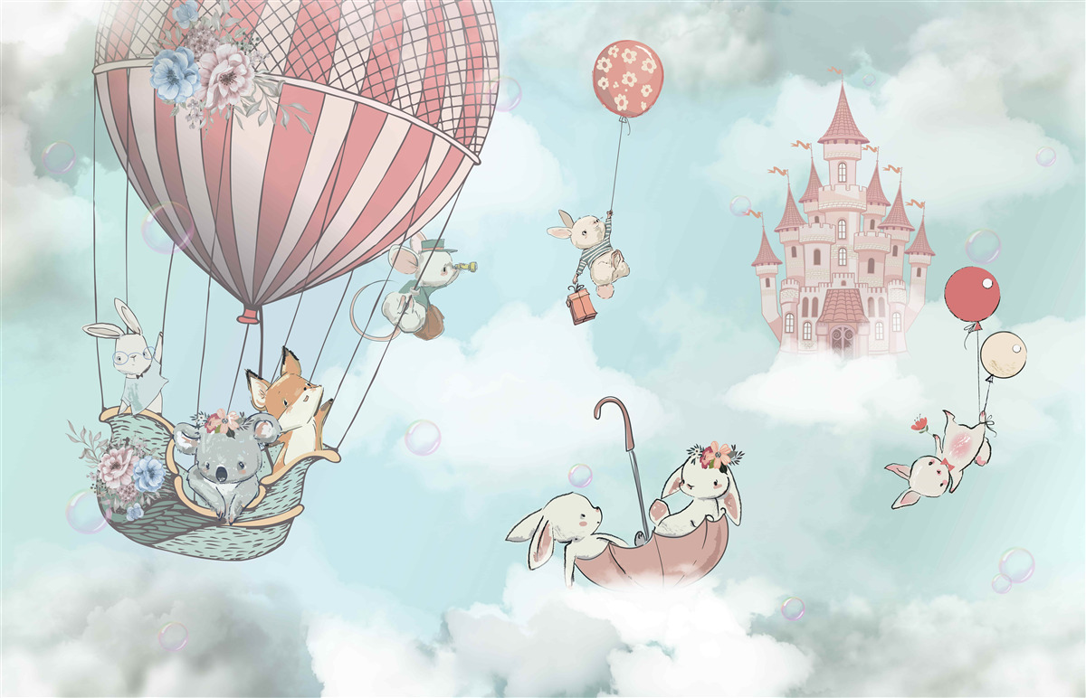 Fototapeta v pozadí hrad, pred ním lietajúce zvieratá