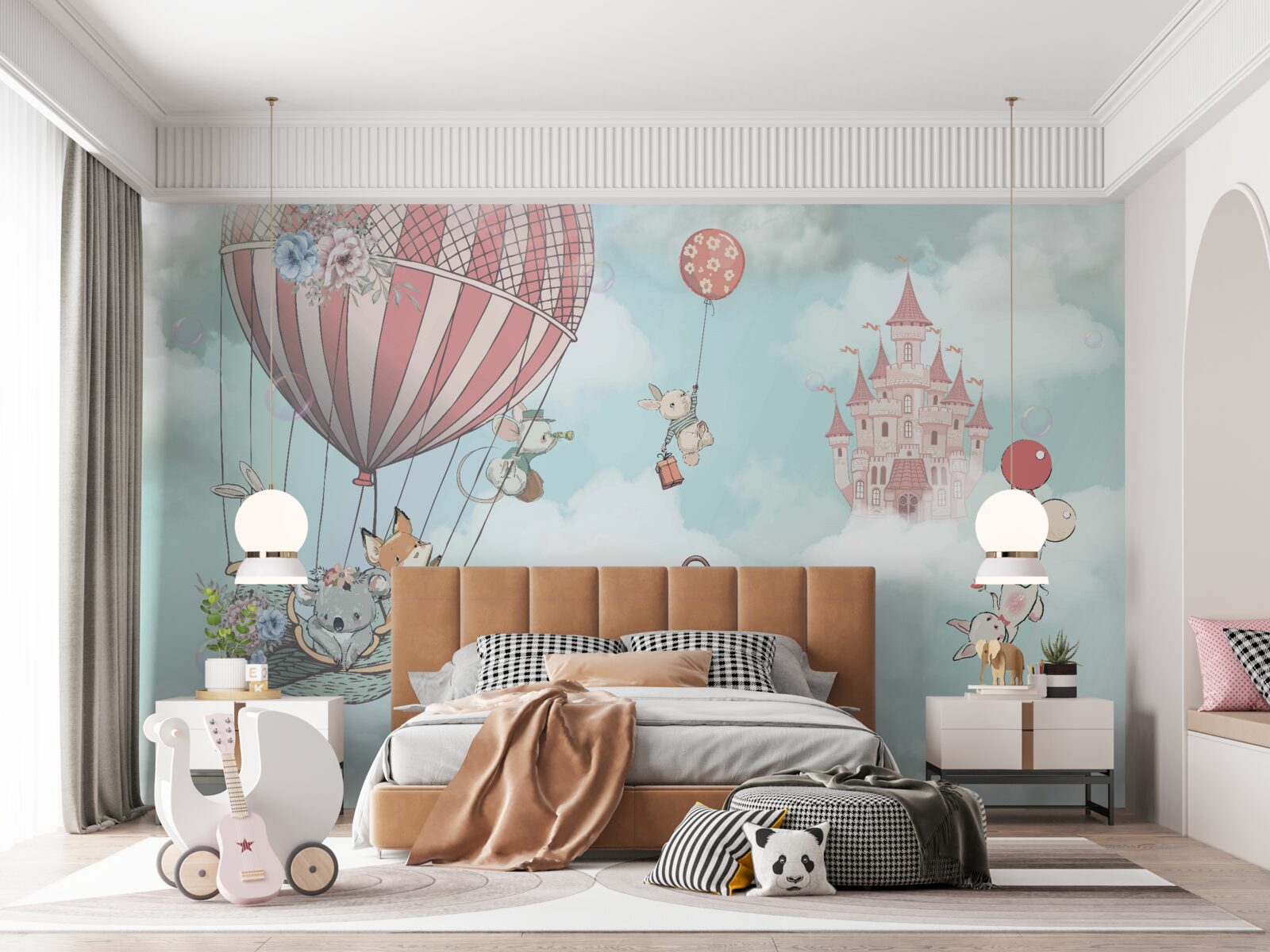 Fototapeta v pozadí hrad, pred ním lietajúce zvieratá