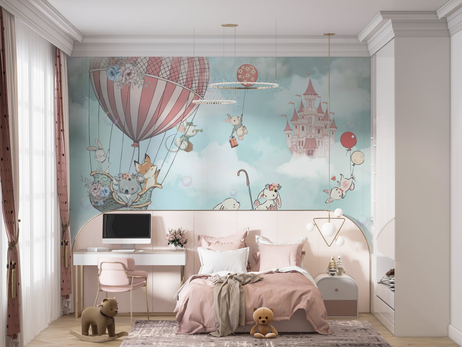 Fototapeta v pozadí hrad, pred ním lietajúce zvieratá