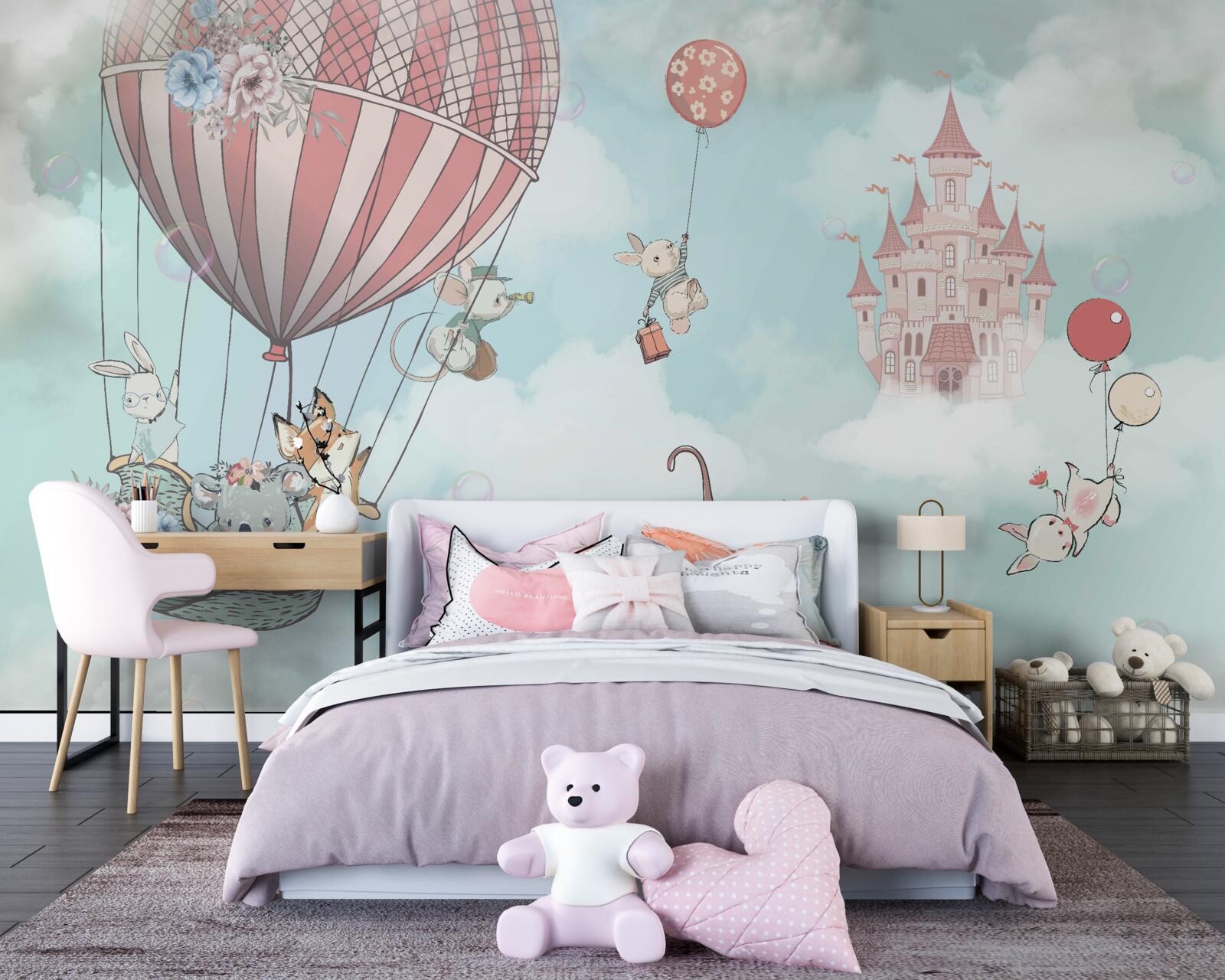 Fototapeta v pozadí hrad, pred ním lietajúce zvieratá