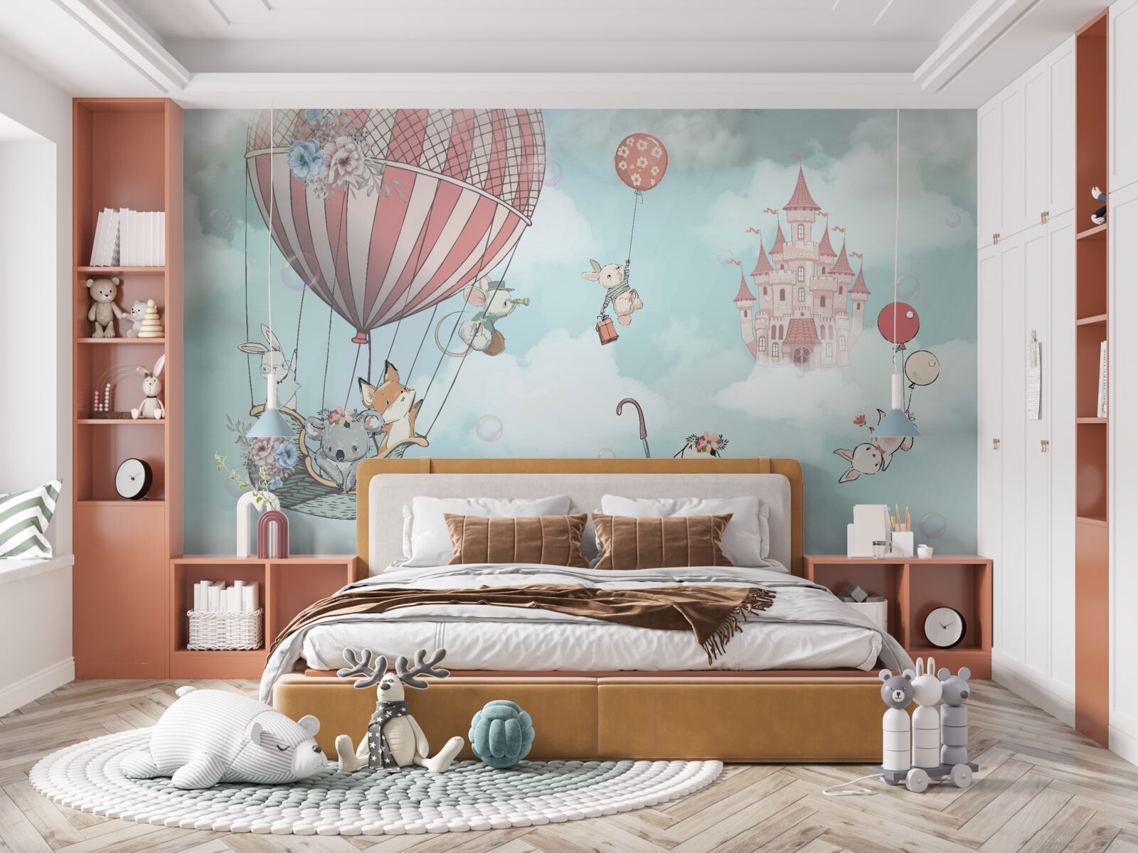 Fototapeta v pozadí hrad, pred ním lietajúce zvieratá