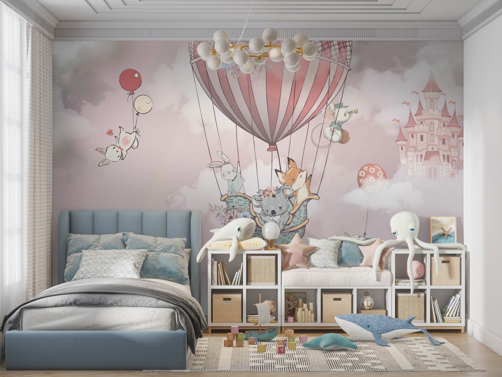 Fototapeta rozprávkové zvieratá plávajúce v pozadí hradu