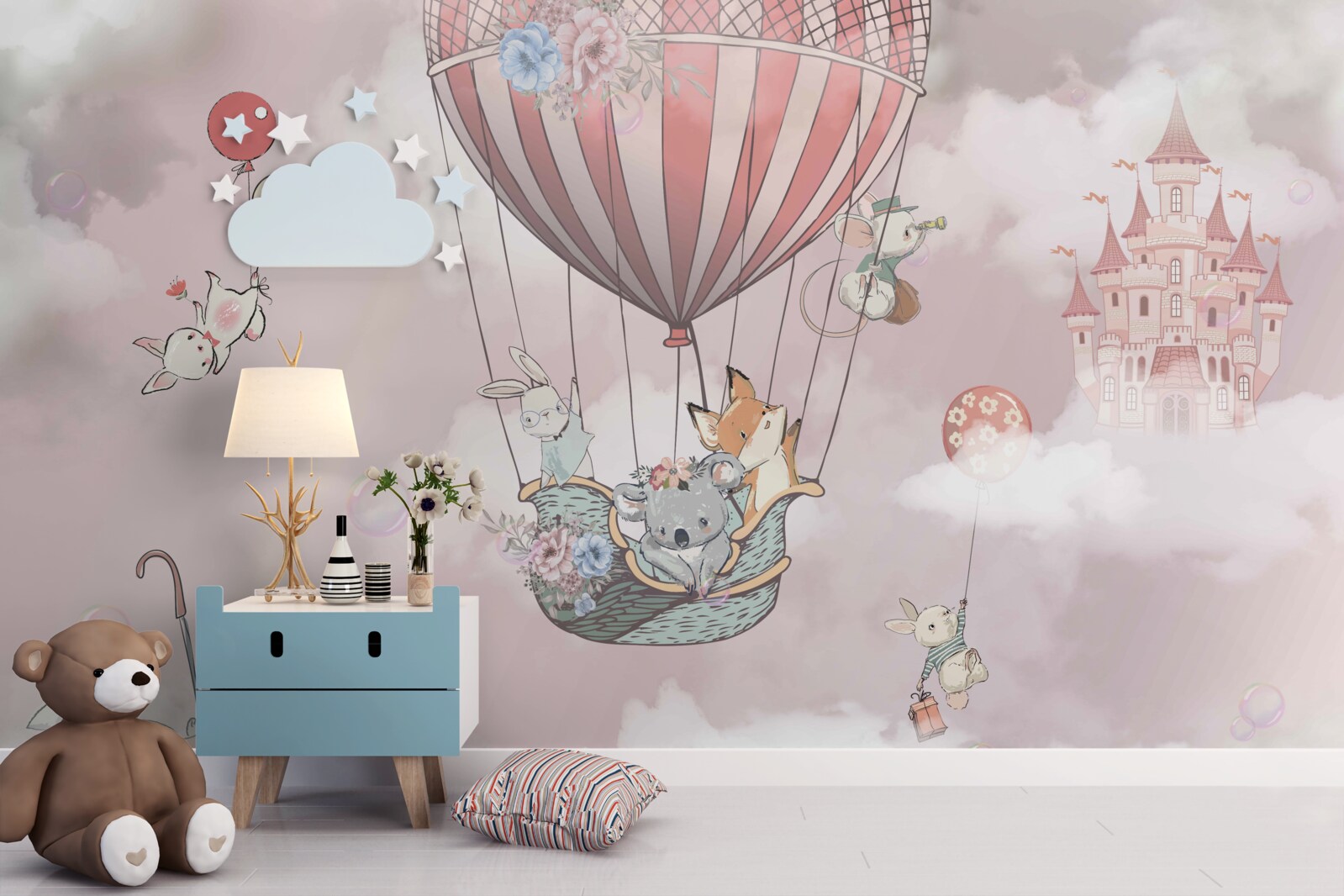 Fototapeta rozprávkové zvieratá plávajúce v pozadí hradu