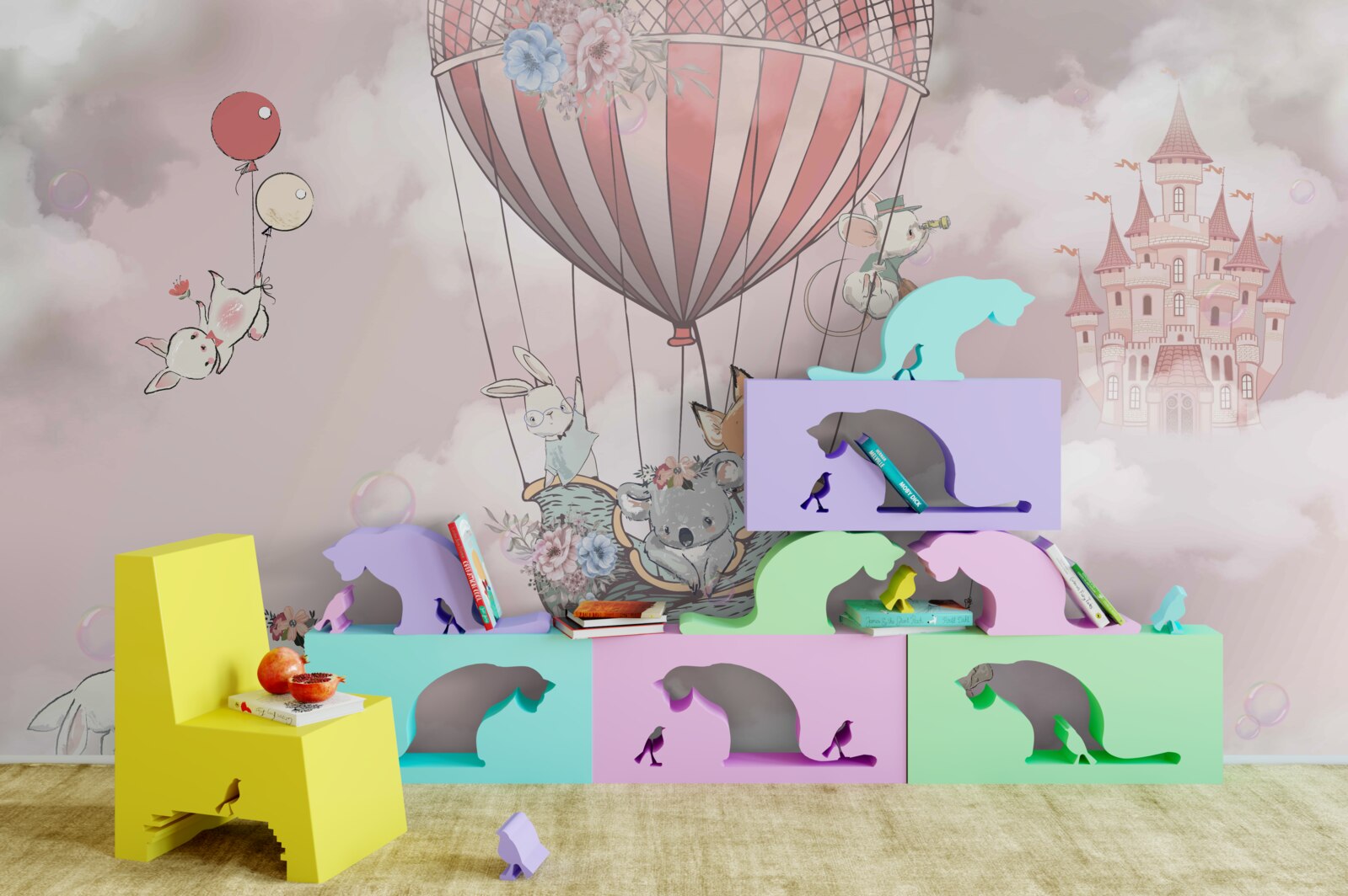 Fototapeta rozprávkové zvieratá plávajúce v pozadí hradu