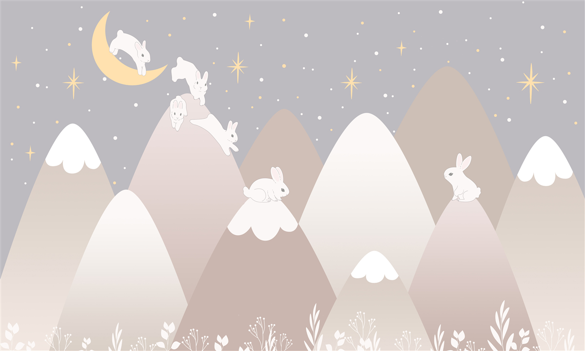 Fototapeta maľované hory sú ihriskom pre skákanie bielych zajačikov