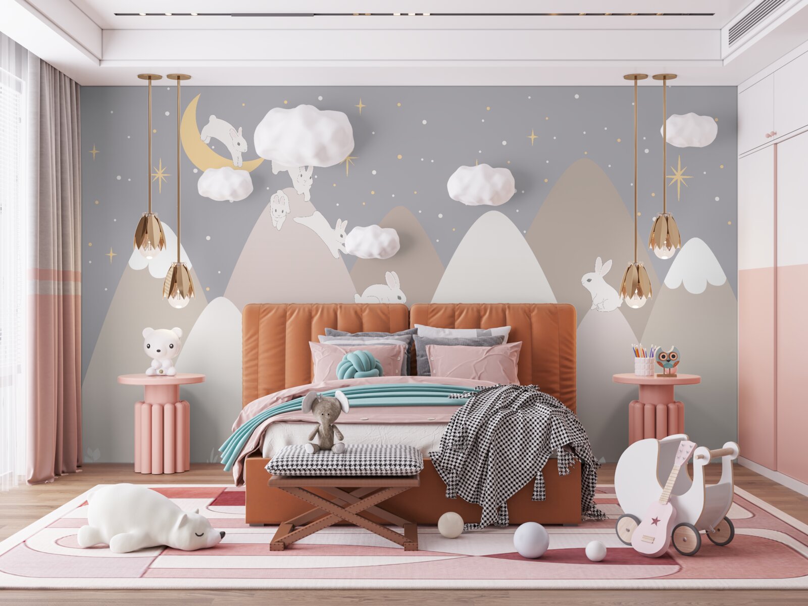 Fototapeta maľované hory sú ihriskom pre skákanie bielych zajačikov