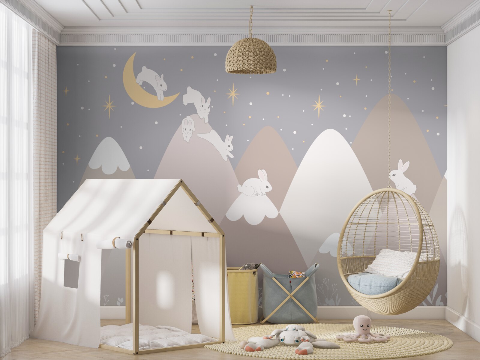 Fototapeta maľované hory sú ihriskom pre skákanie bielych zajačikov