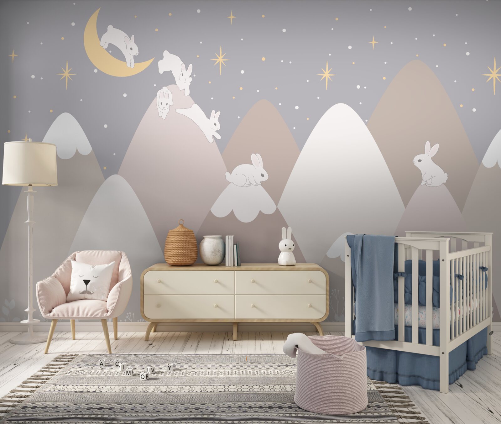 Fototapeta maľované hory sú ihriskom pre skákanie bielych zajačikov