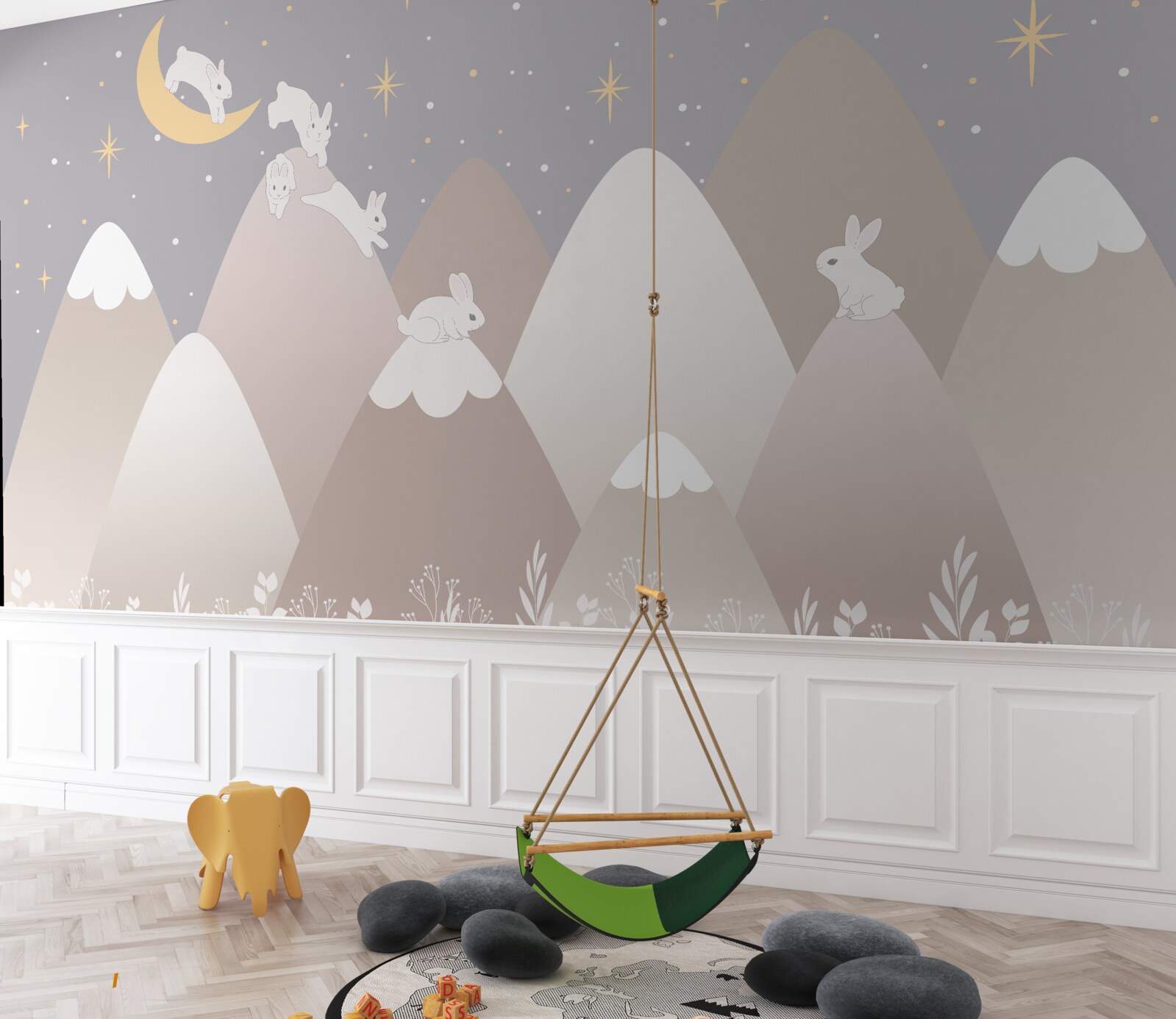 Fototapeta maľované hory sú ihriskom pre skákanie bielych zajačikov