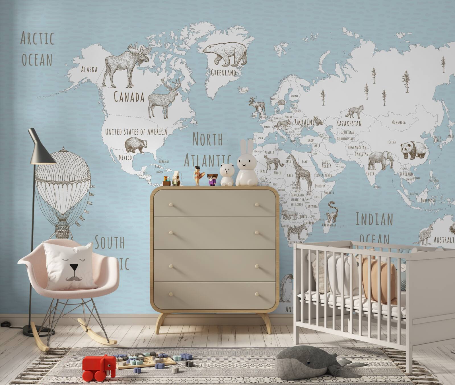 Fototapeta glóbus zobrazujúci zvieratá a lietajúce predmety