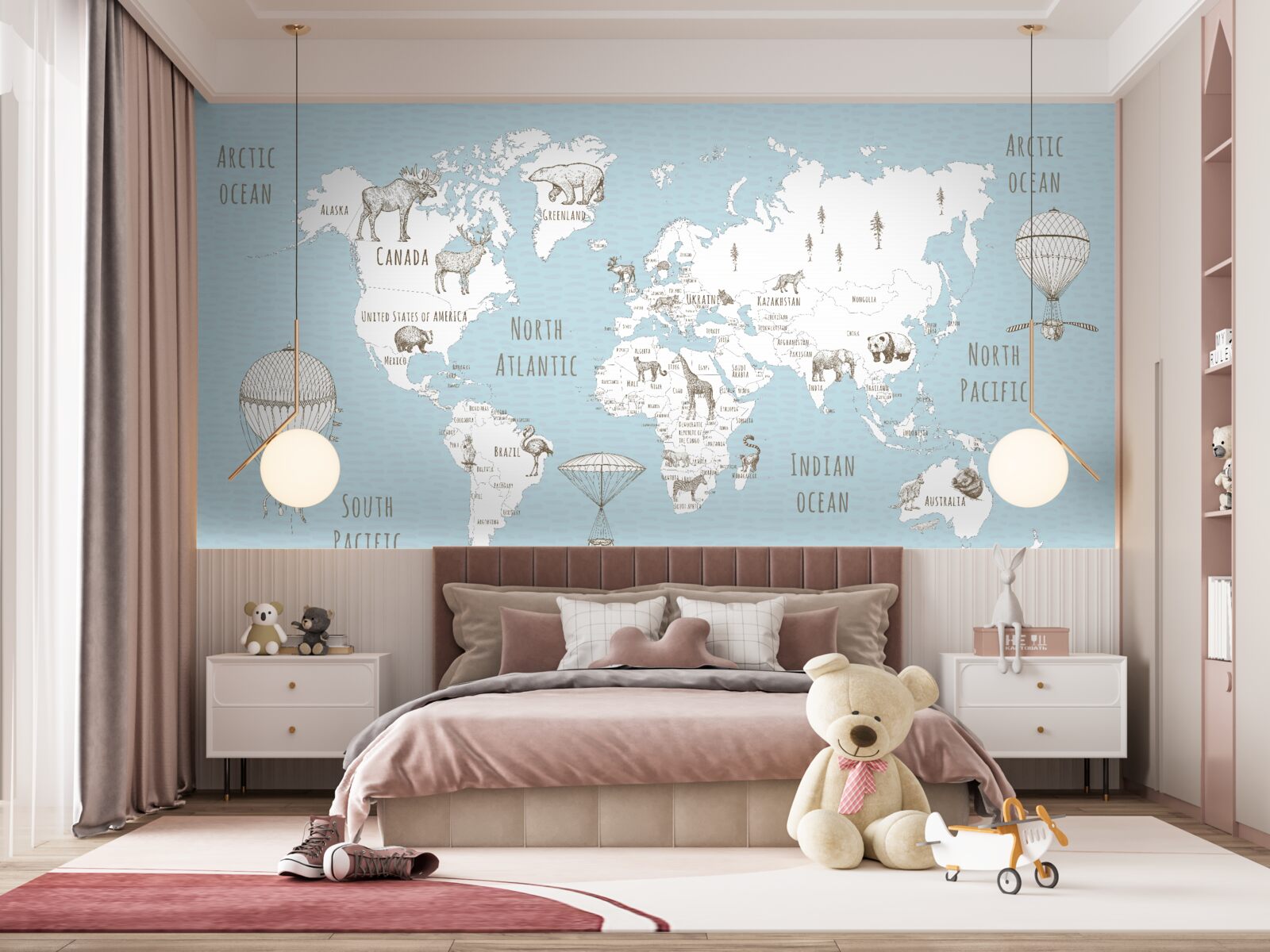 Fototapeta glóbus zobrazujúci zvieratá a lietajúce predmety