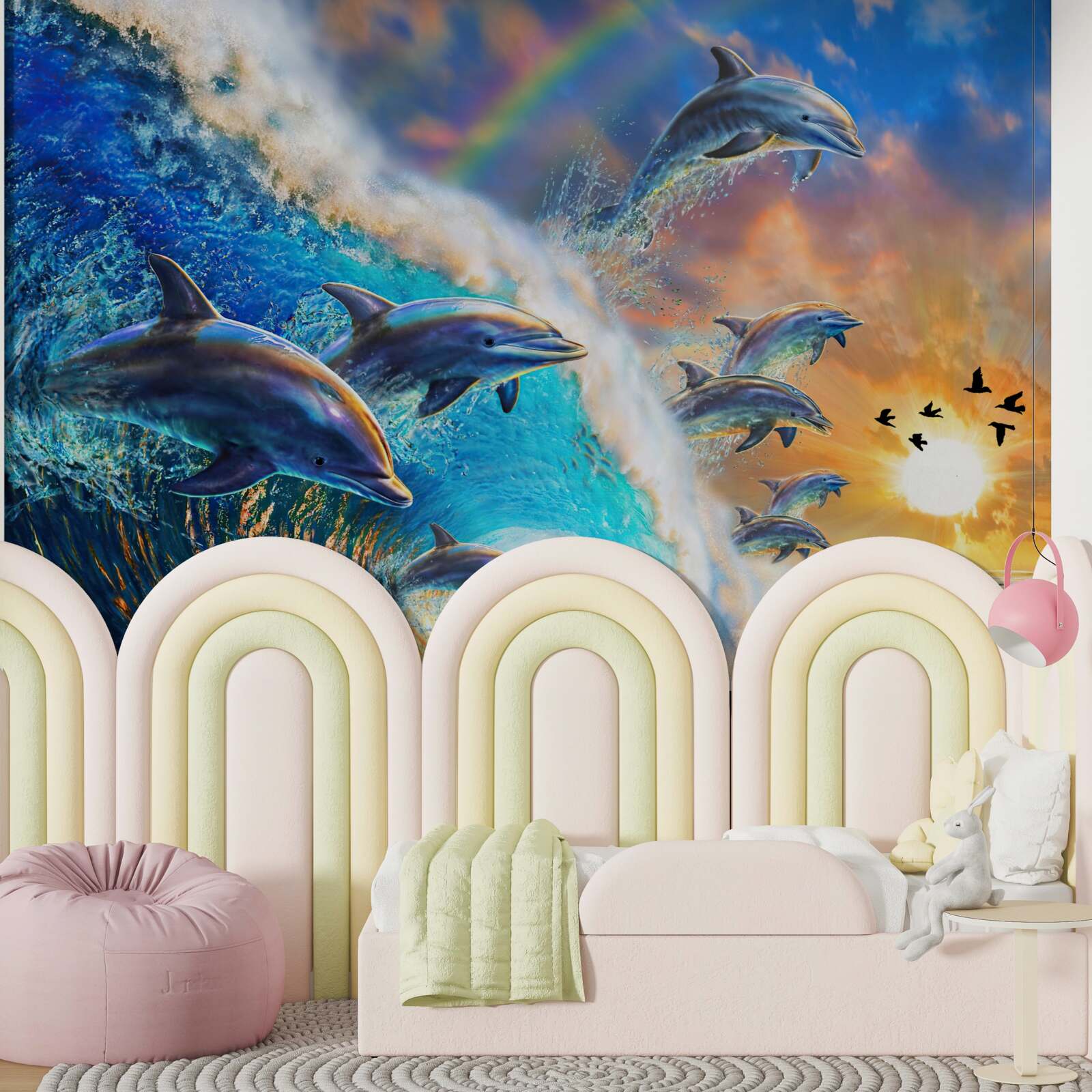 Fototapeta pri západe slnka delfíny vyskakujú z vody