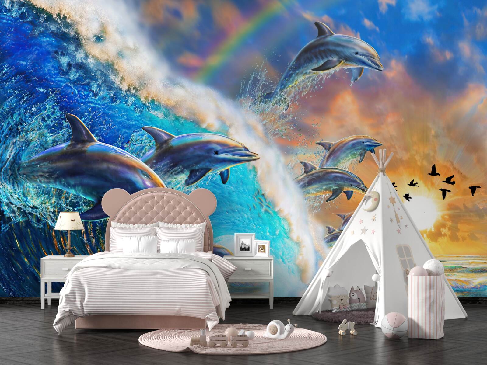 Fototapeta pri západe slnka delfíny vyskakujú z vody