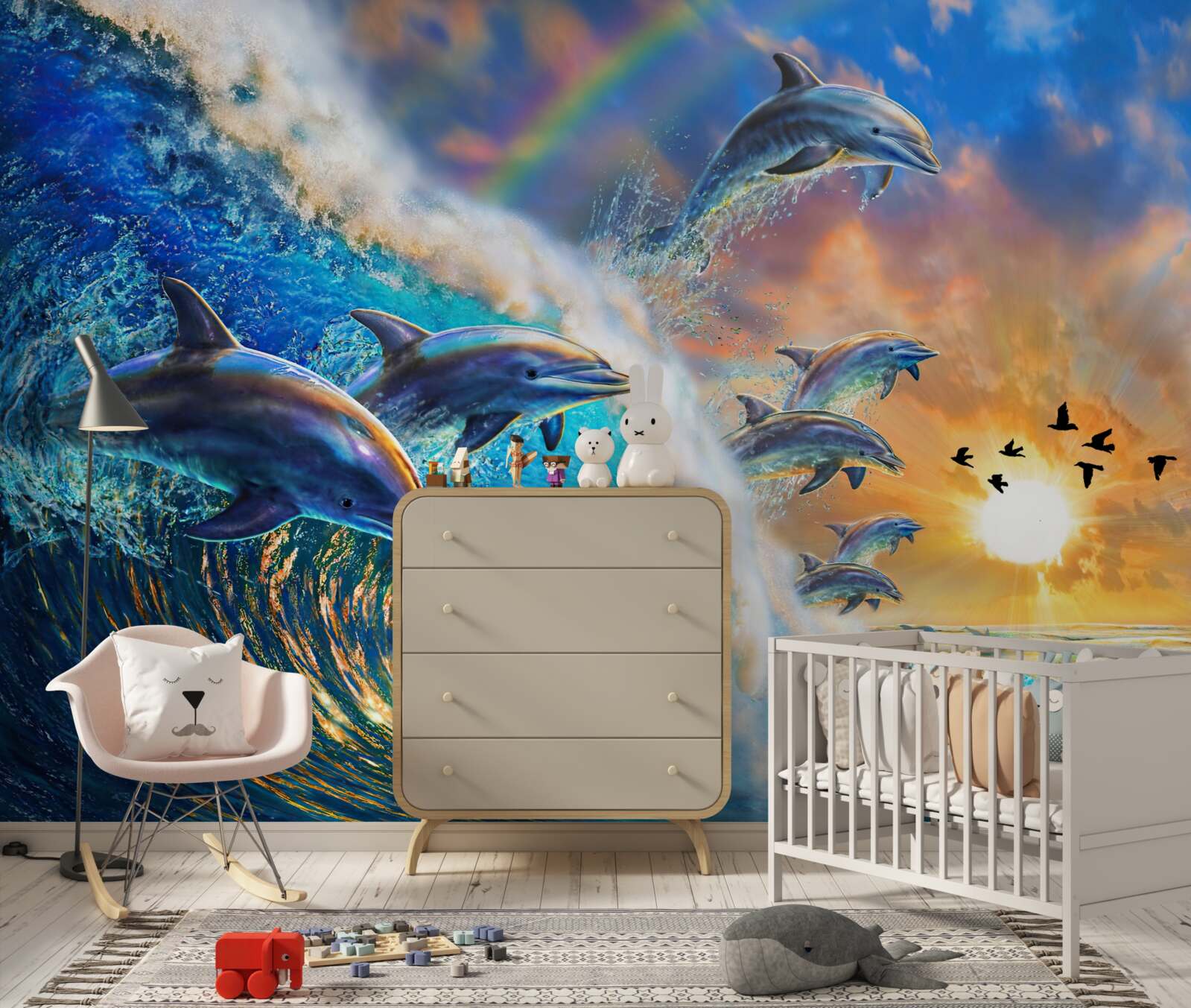 Fototapeta pri západe slnka delfíny vyskakujú z vody