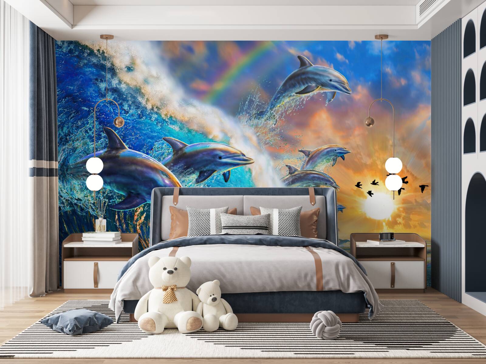 Fototapeta pri západe slnka delfíny vyskakujú z vody