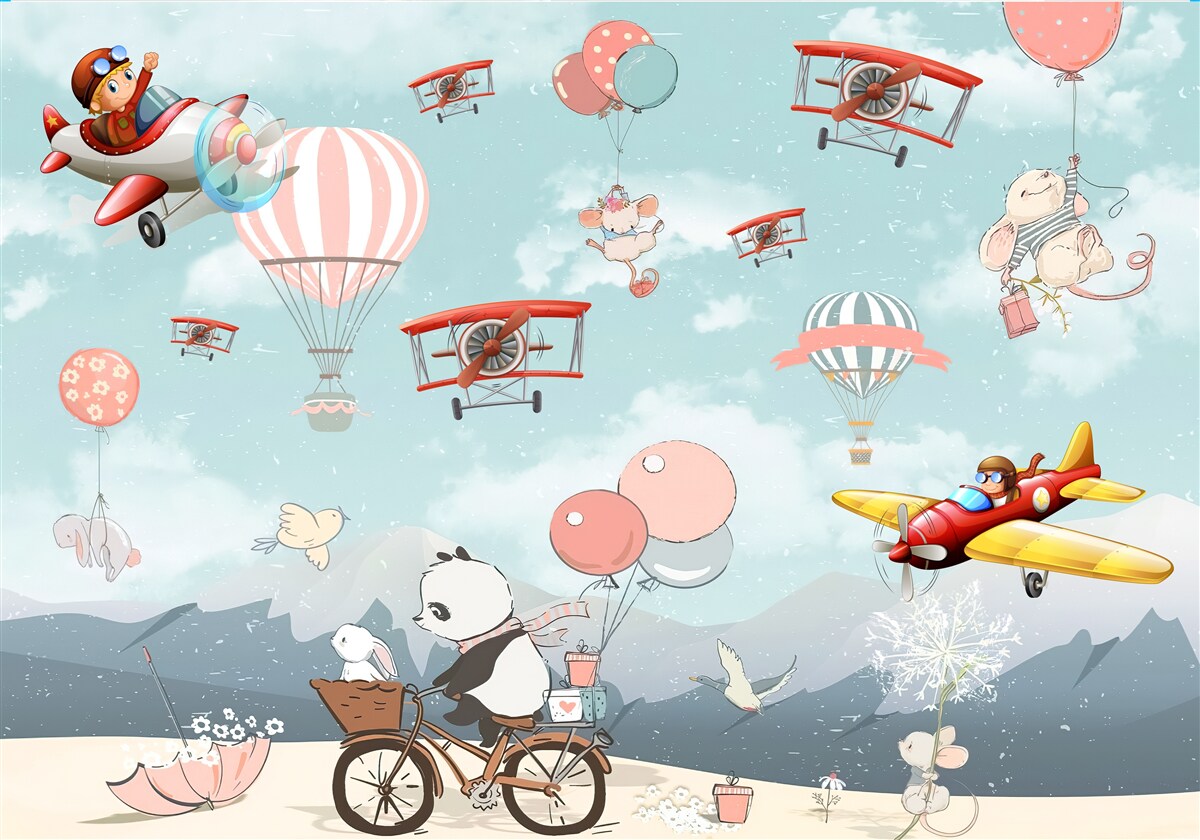 Fototapeta Okolo lietajú pandy na bicykli a iná fauna