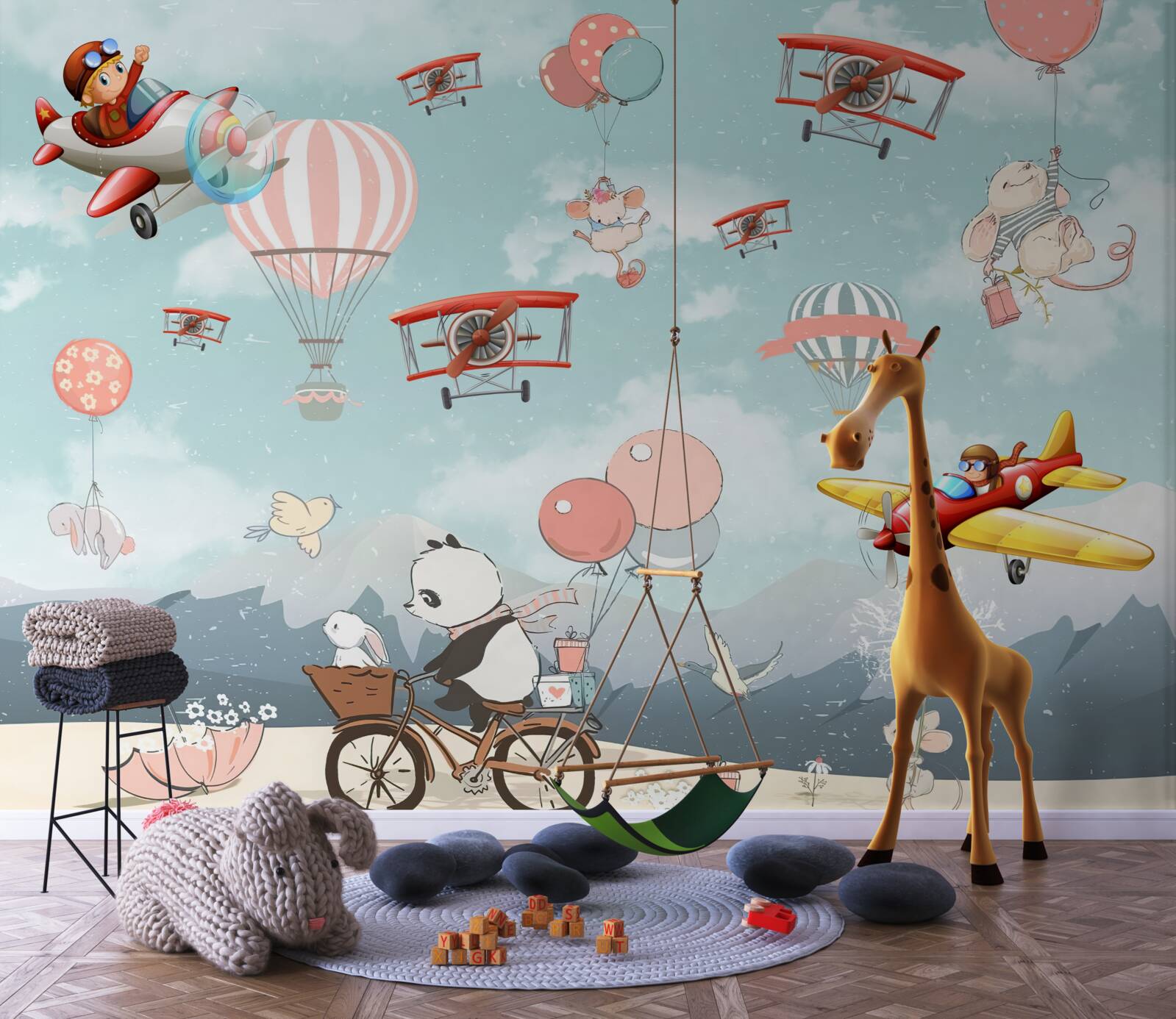 Fototapeta Okolo lietajú pandy na bicykli a iná fauna