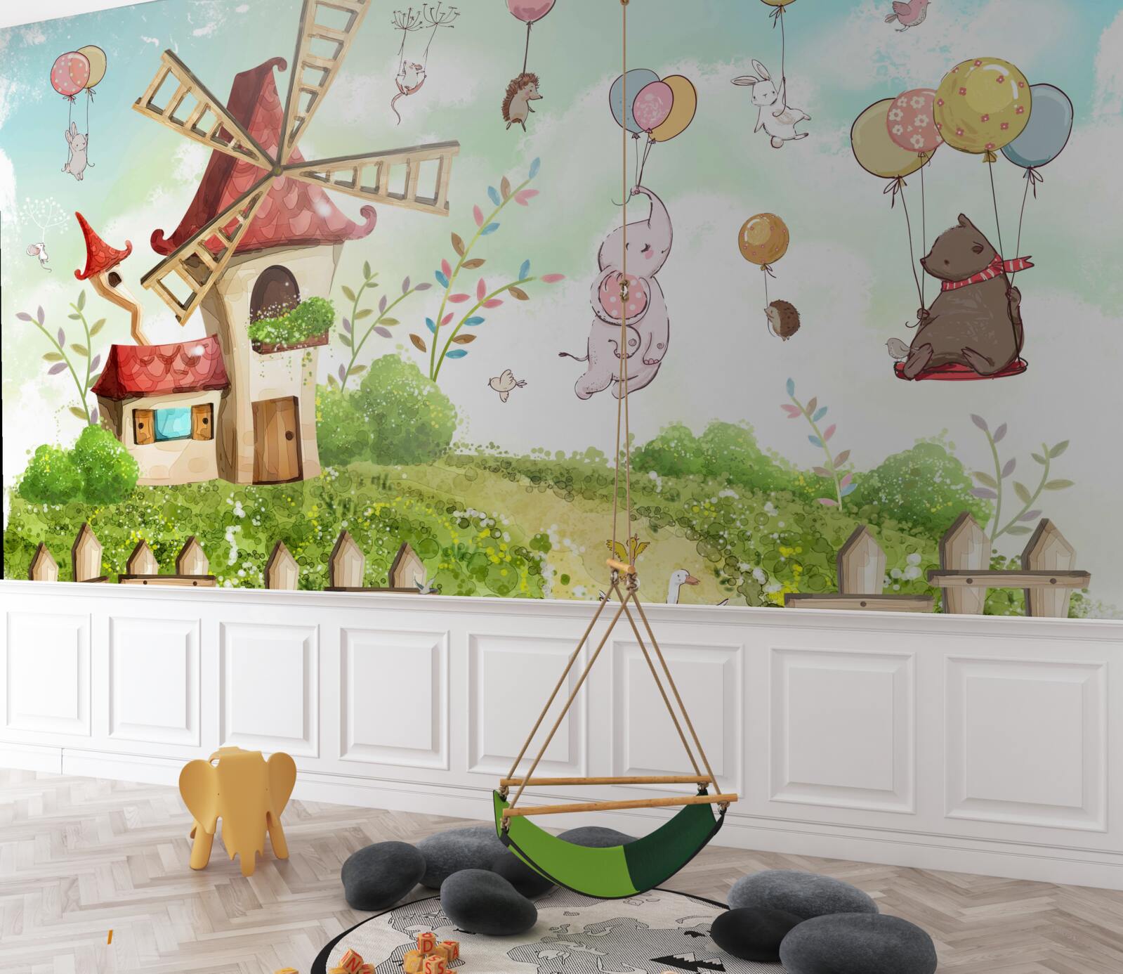 Fototapeta stvorenia plávajú nad zemou v balónoch