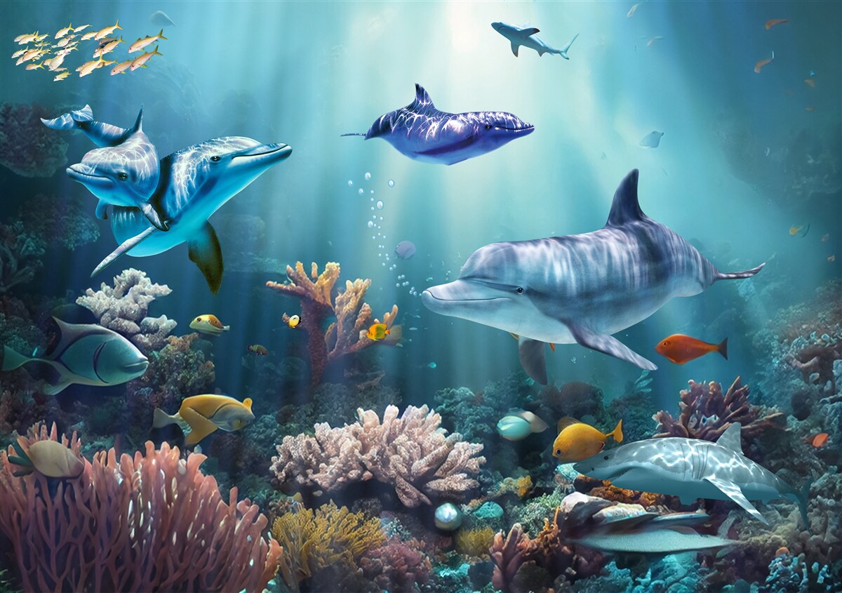 Fototapeta ryby a delfíny plávajú spolu