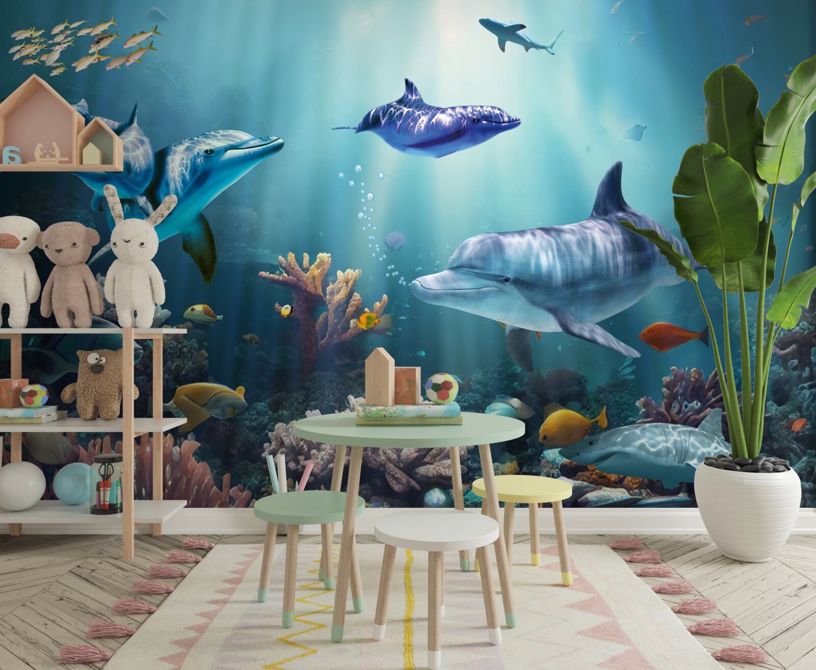 Fototapeta ryby a delfíny plávajú spolu