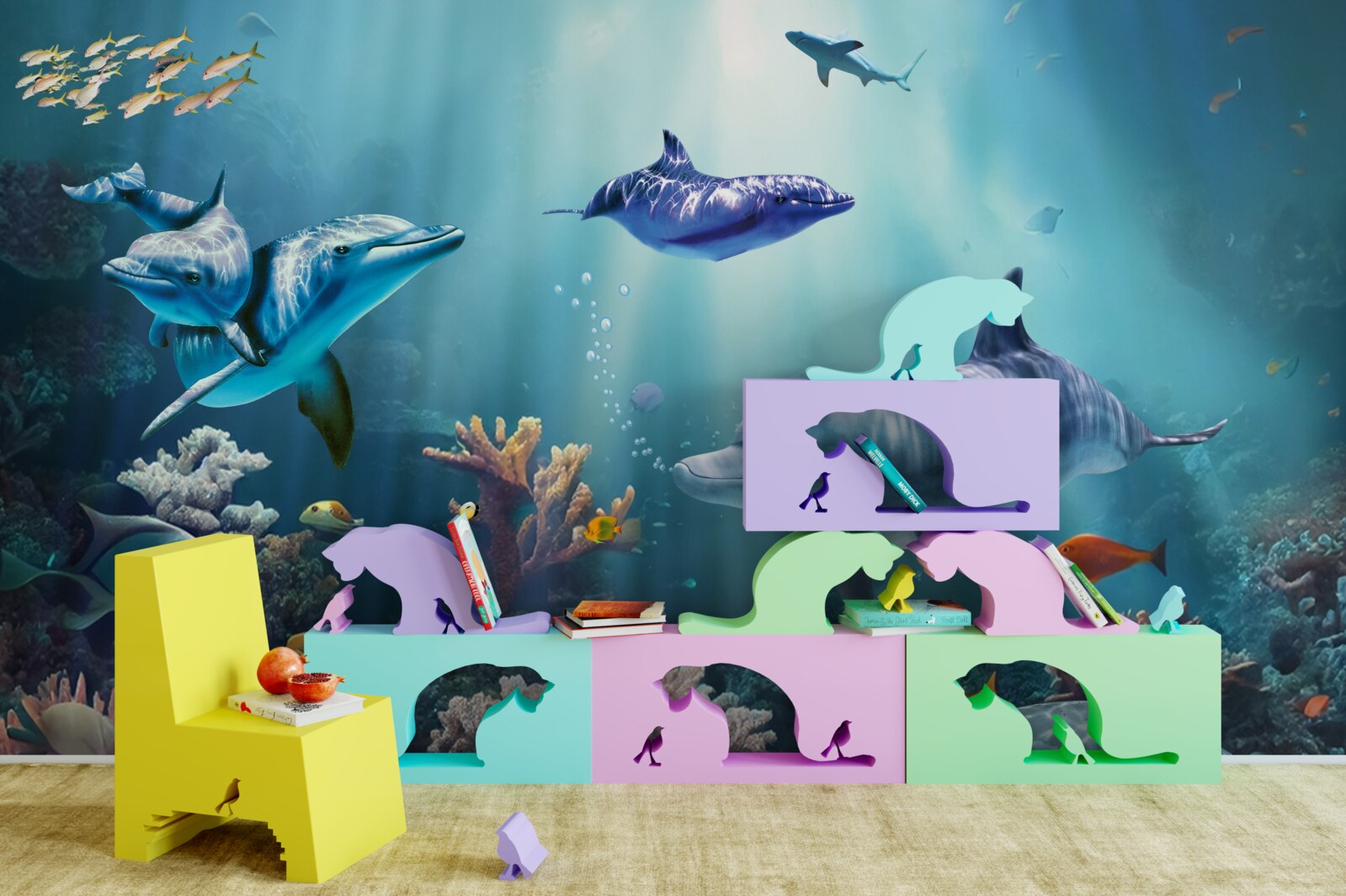 Fototapeta ryby a delfíny plávajú spolu