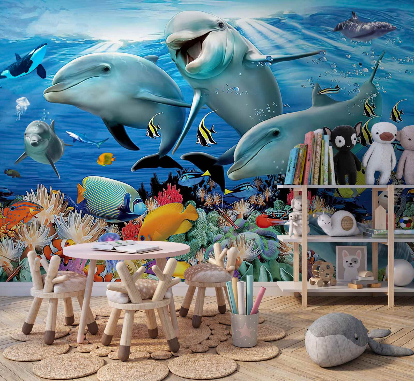 Fototapeta delfíny a ryby sa usmievajú pod vodou