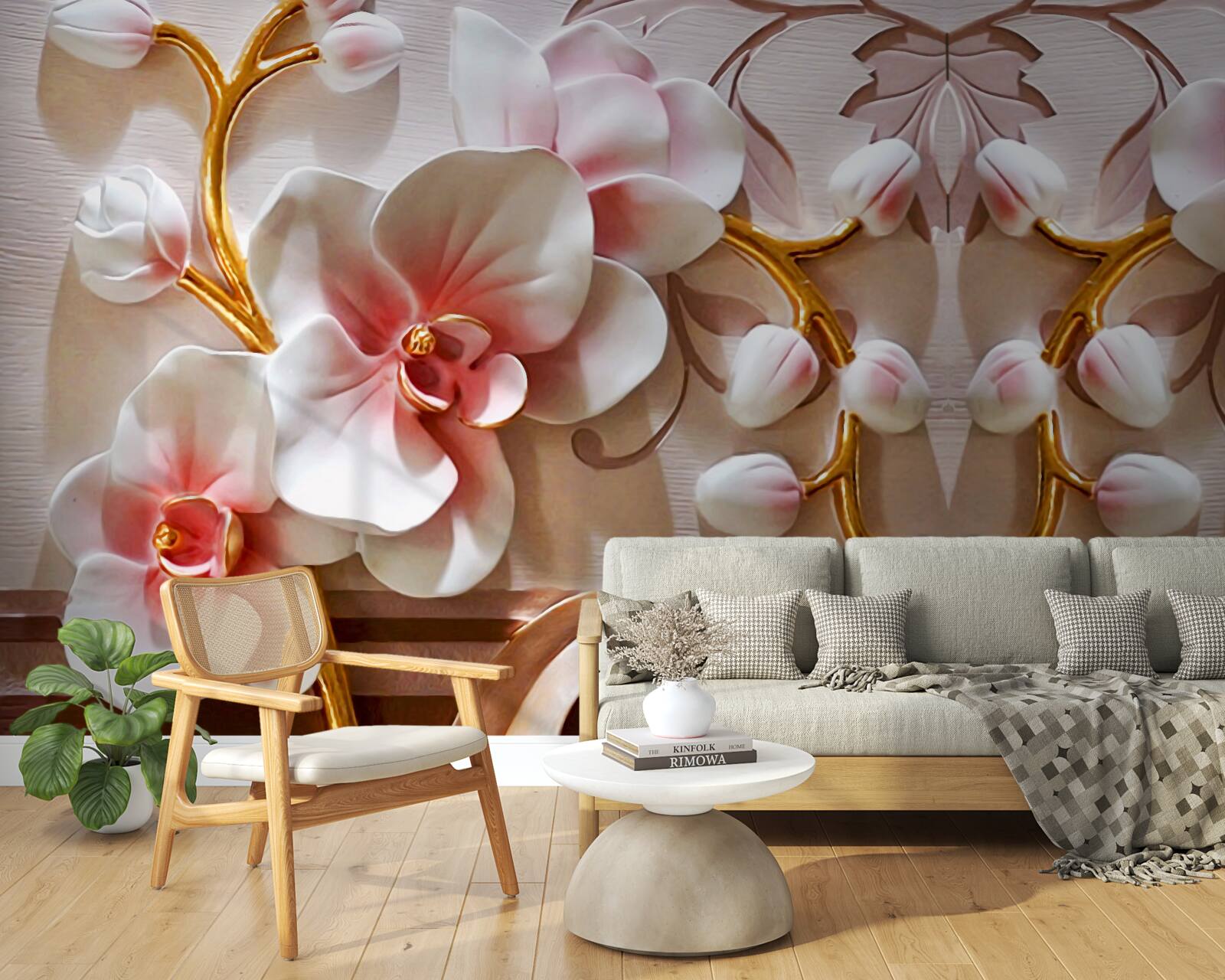 Fototapeta orchidey s červeným jadrom na bielom kvetinovom pozadí