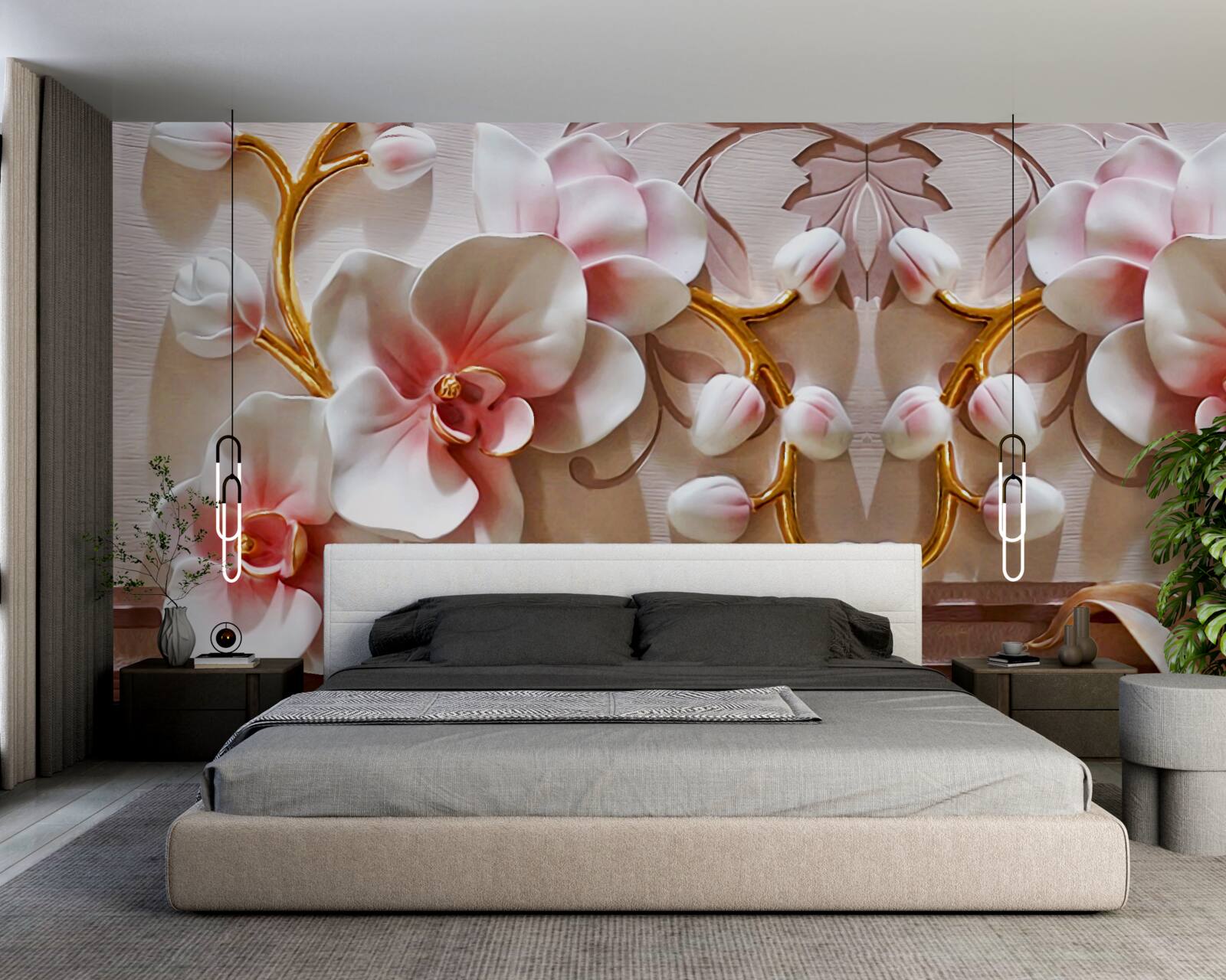 Fototapeta orchidey s červeným jadrom na bielom kvetinovom pozadí