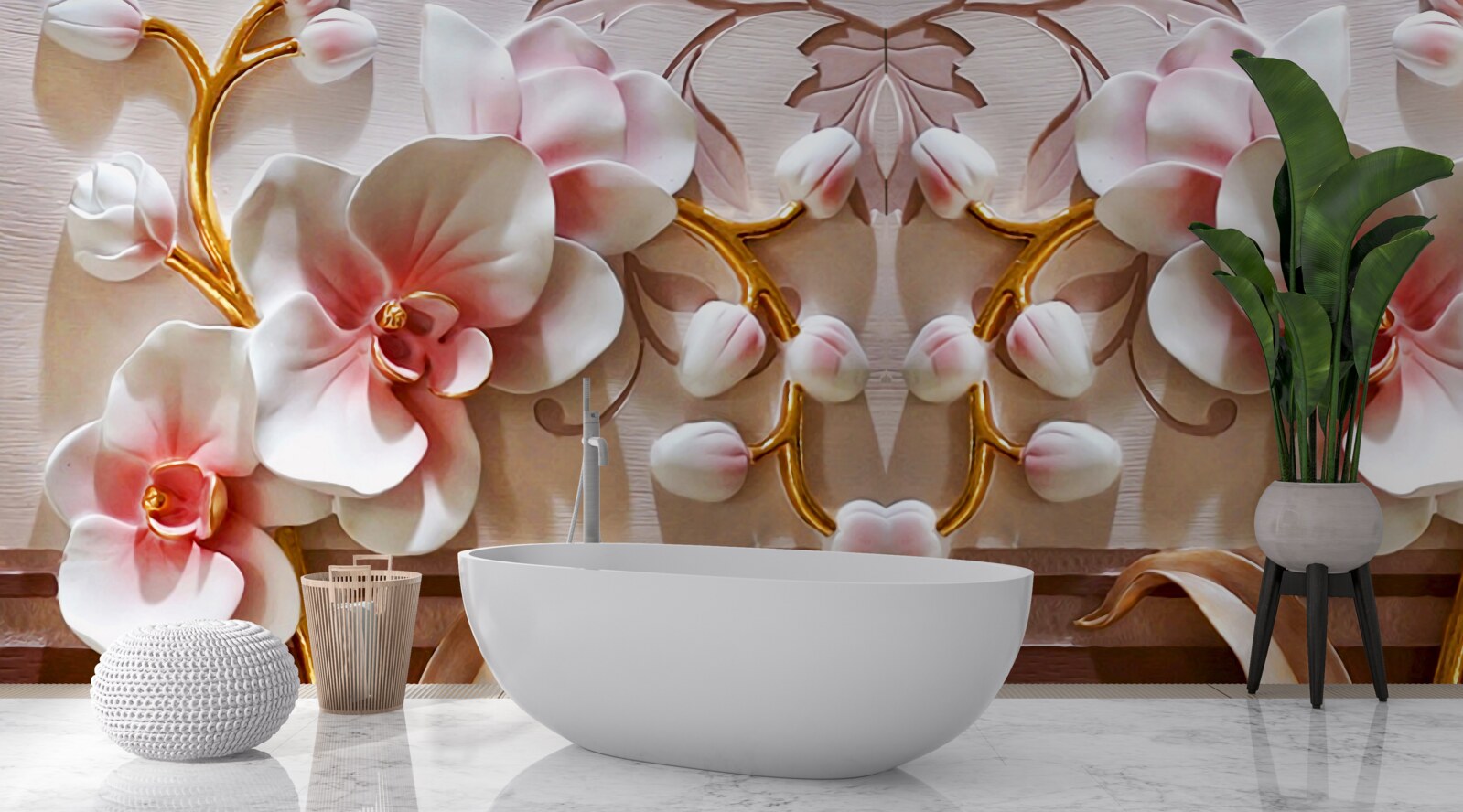 Fototapeta orchidey s červeným jadrom na bielom kvetinovom pozadí