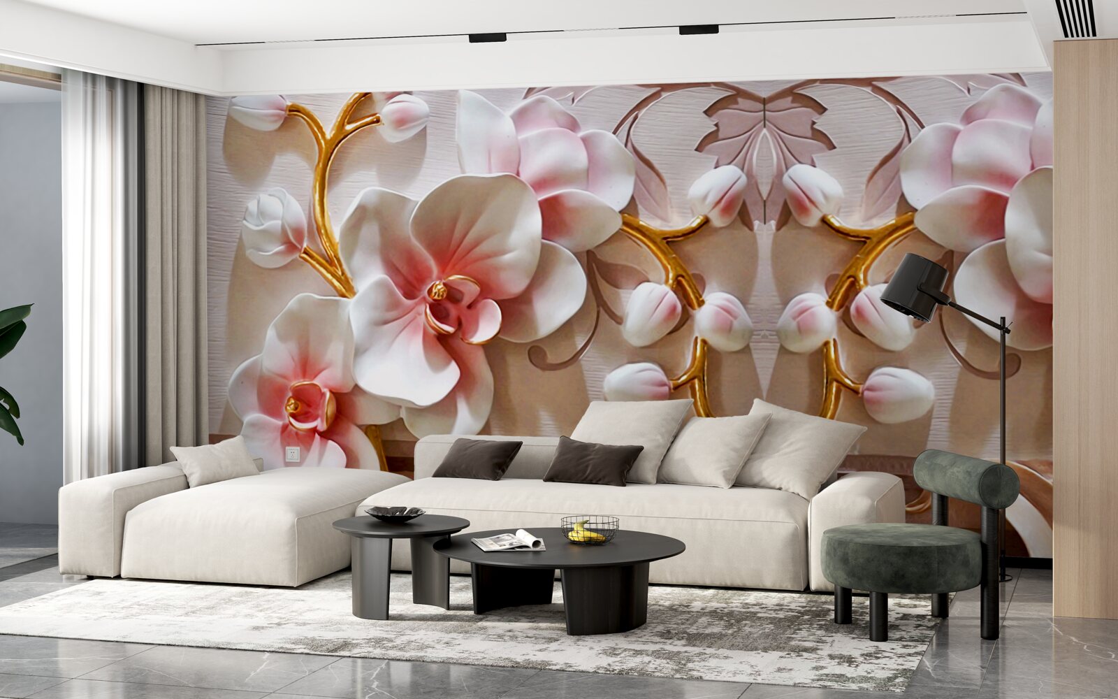 Fototapeta orchidey s červeným jadrom na bielom kvetinovom pozadí