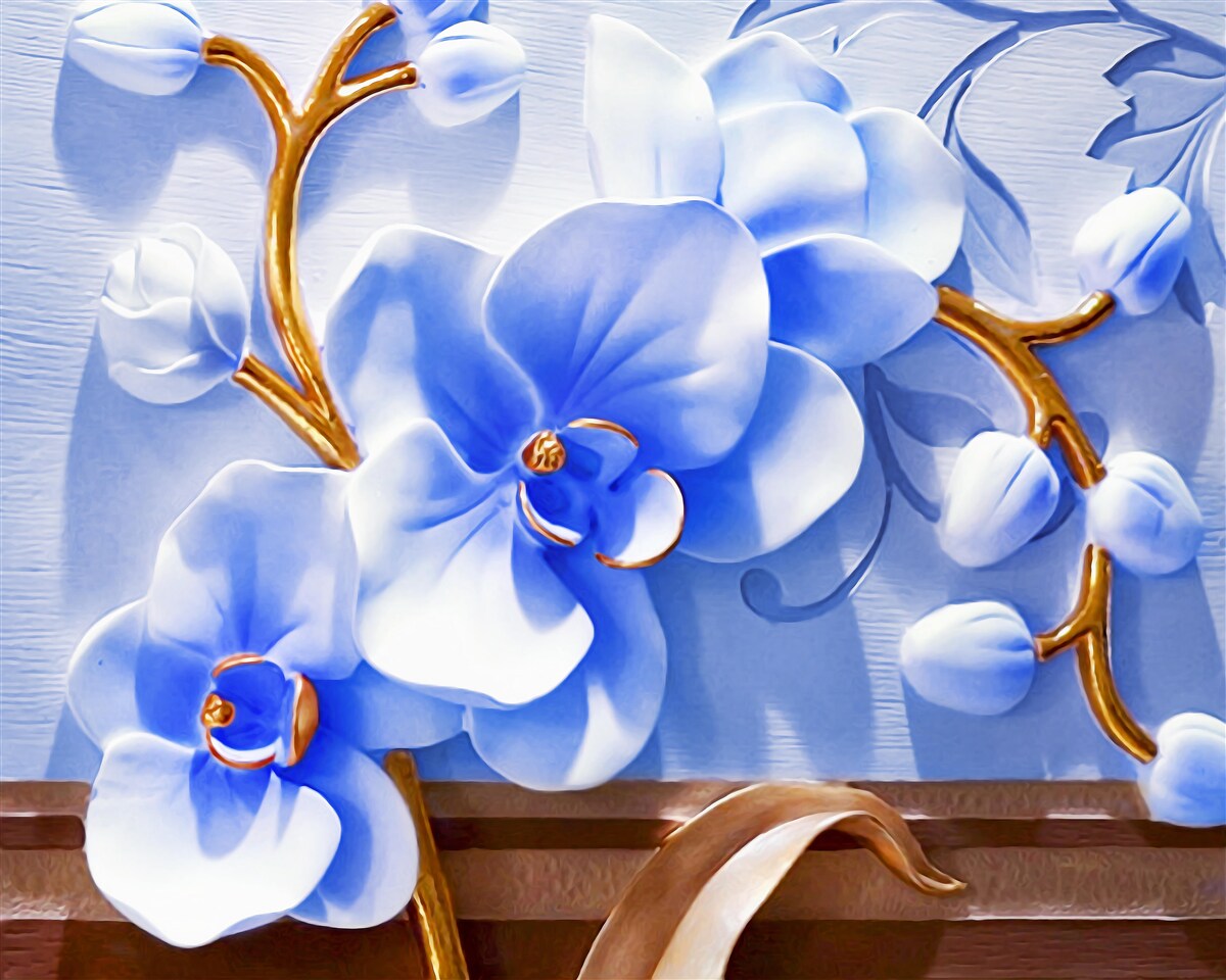 Fototapeta orchidea v nebeskej farbe na vetvičkách zdobených zlatom