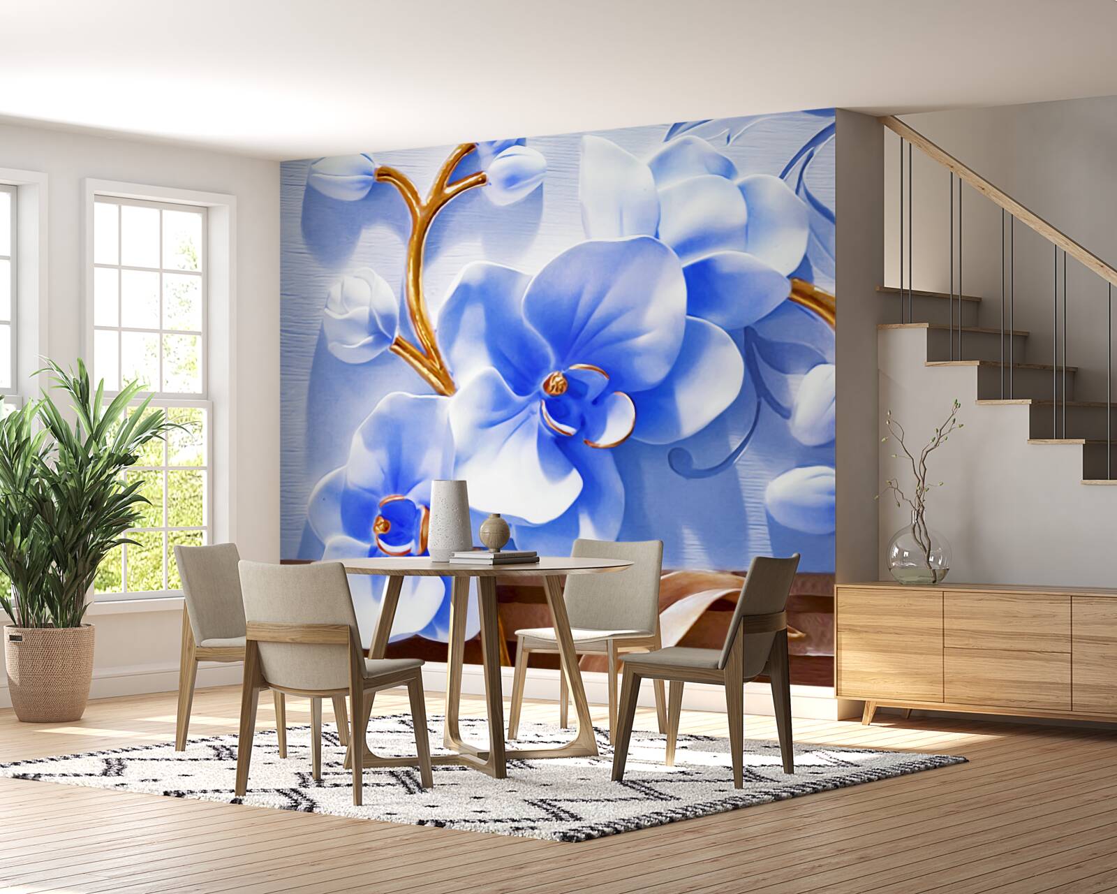 Fototapeta orchidea v nebeskej farbe na vetvičkách zdobených zlatom