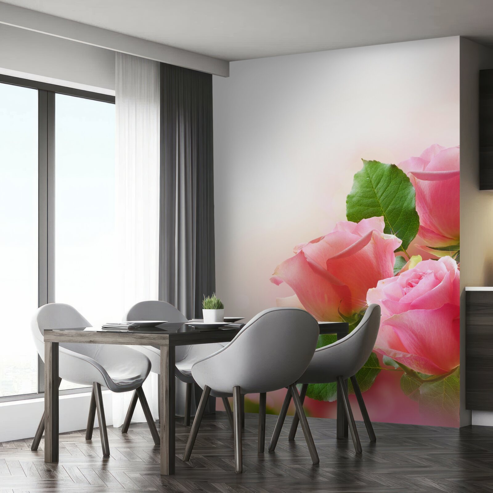 Fototapeta mäkké karmínové ruže so zelenými listami